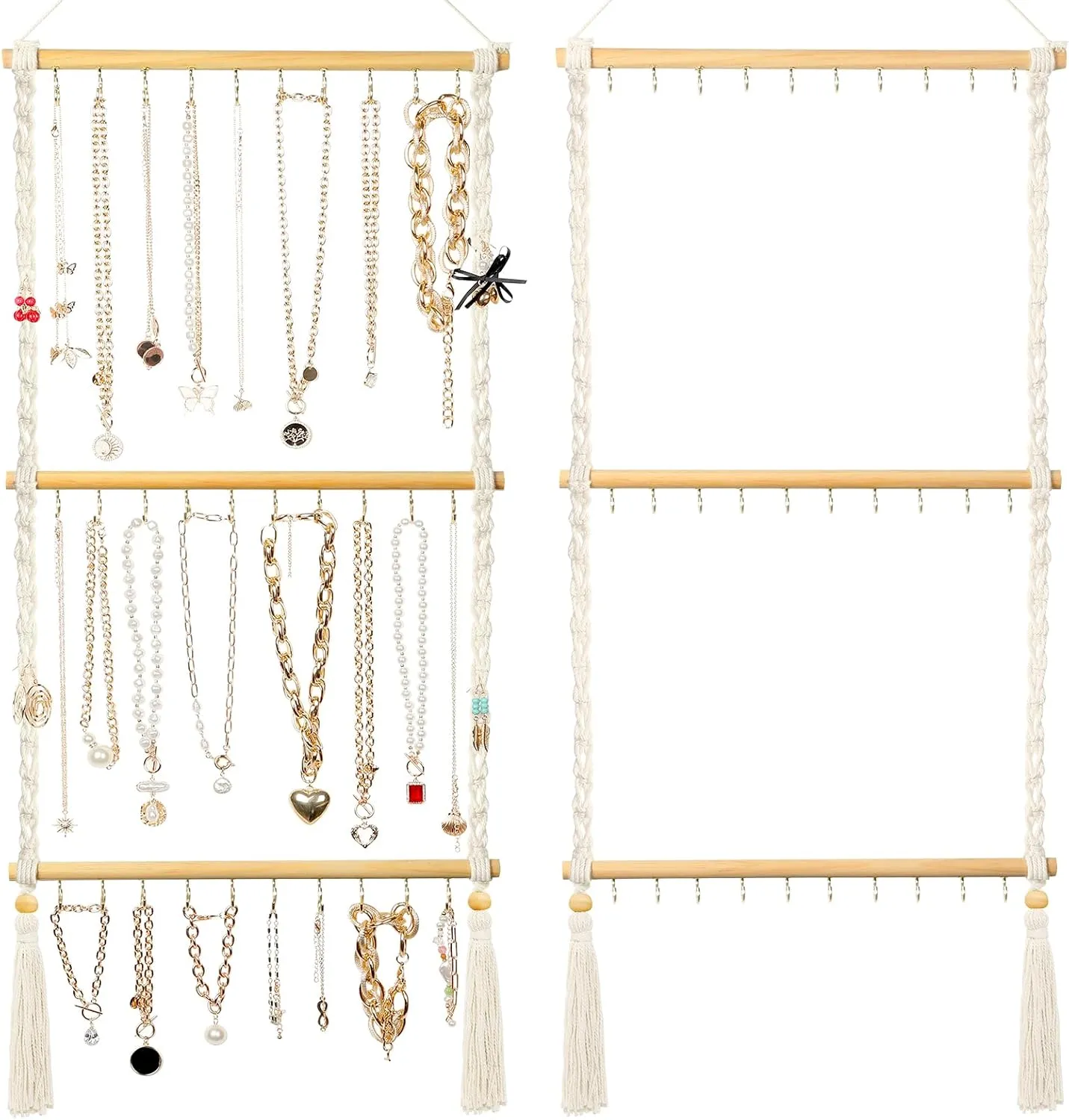 Hanging Jewelry Organizer Macrame Necklace Holder, with 30 Hooks, Over Door Necklace Rack, Wall Mounted Jewelry Hanger with Tassel Boho for Necklace Headband Bow Earring Bracelet