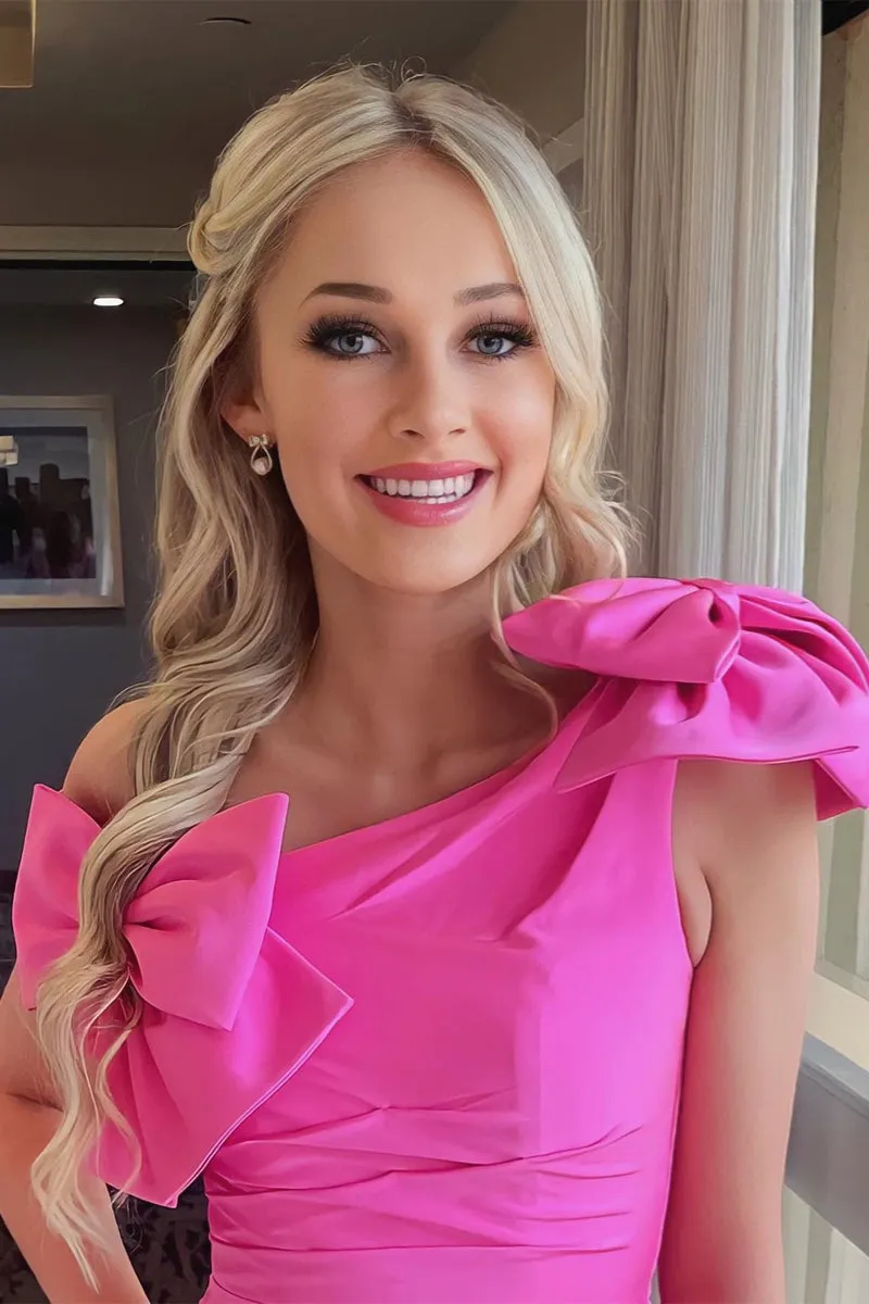 Hot Pink One Shoulder Sheath Homecoming Dress with Bows VK23061703