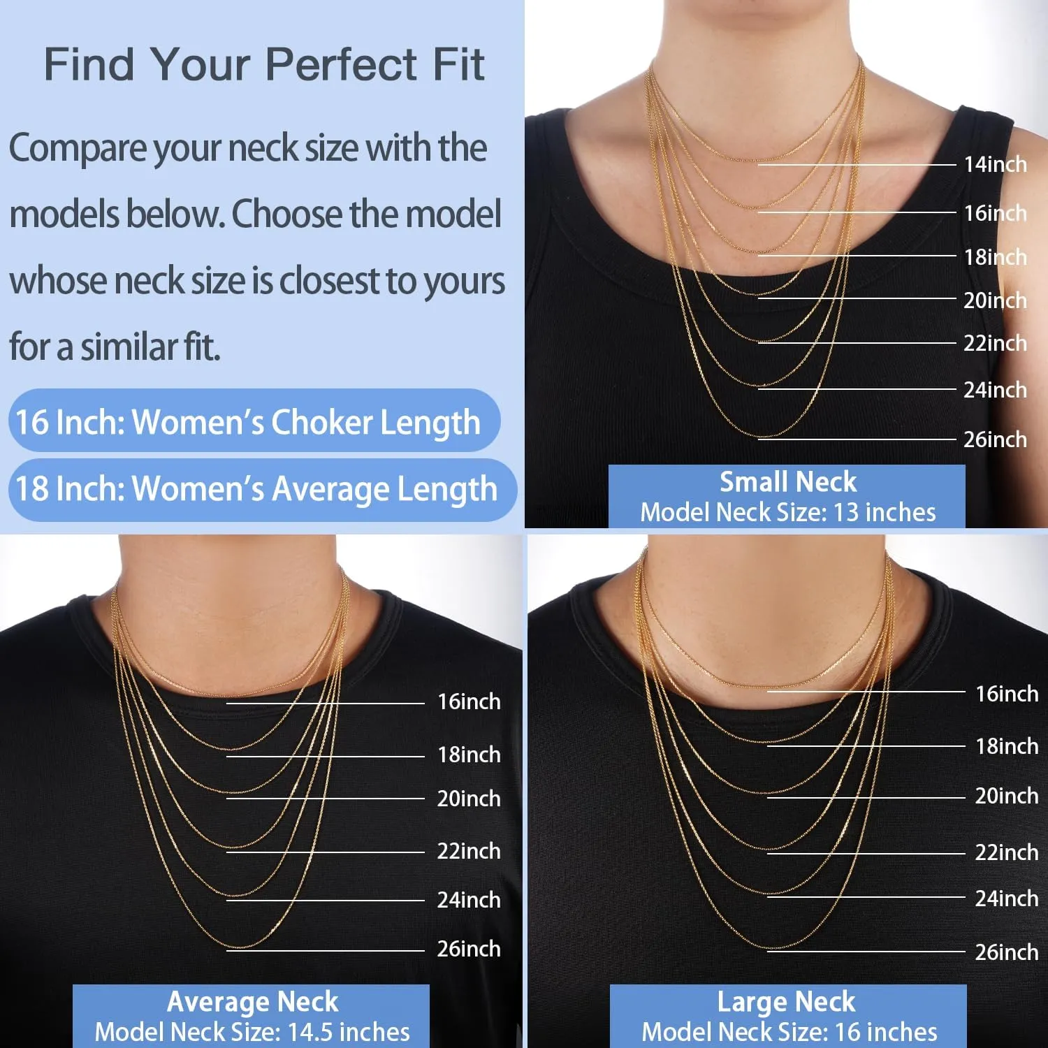 Jewlpire Solid 18k Gold Over 925 Sterling Silver Chain Necklace for Women, 1mm Cable Chain Necklace Sturdy & Shiny Women's Chain Necklaces 14/16/17/18/20/22/24 Inch