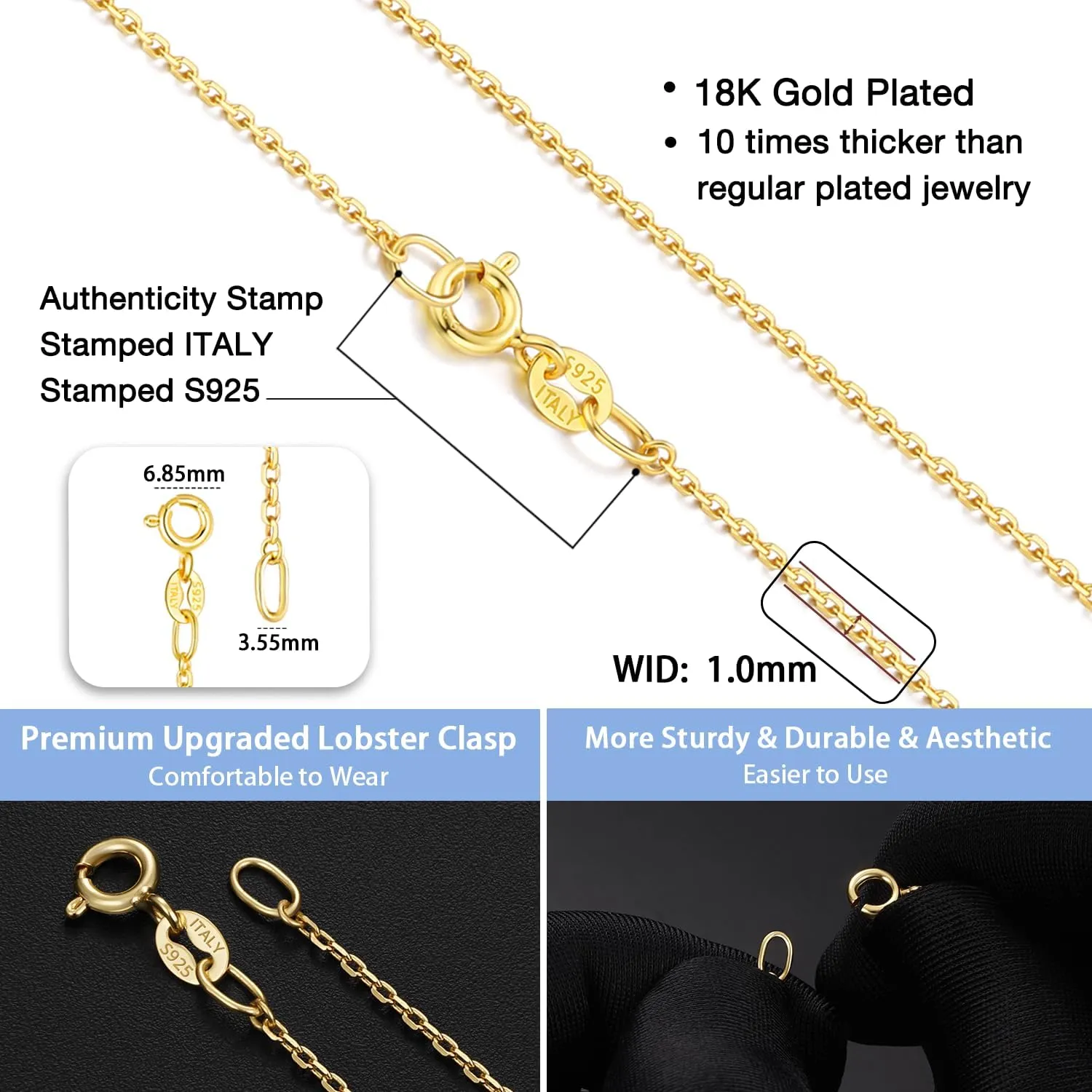 Jewlpire Solid 18k Gold Over 925 Sterling Silver Chain Necklace for Women, 1mm Cable Chain Necklace Sturdy & Shiny Women's Chain Necklaces 14/16/17/18/20/22/24 Inch