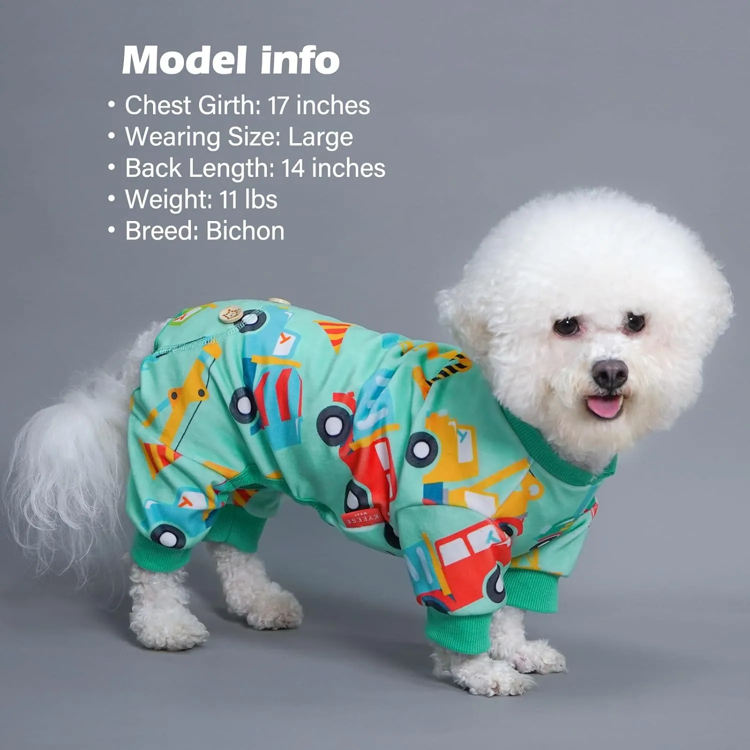 KYEESE Dog Pajamas Velvet Dog Pajamas Small Sized Dogs Soft Dogs Clothes Pjs with Construction Vehicles Pattern Stretchy Pet Jammies Coat Comfy Pet Onesie Costume, X-Large