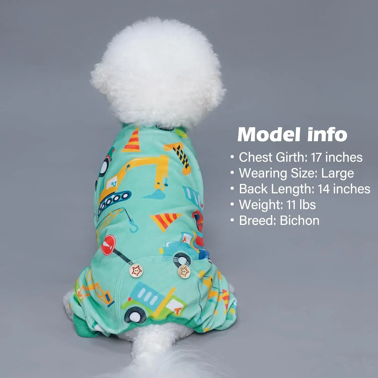 KYEESE Dog Pajamas Velvet Dog Pajamas Small Sized Dogs Soft Dogs Clothes Pjs with Construction Vehicles Pattern Stretchy Pet Jammies Coat Comfy Pet Onesie Costume, X-Large