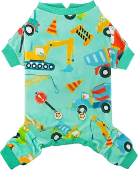KYEESE Dog Pajamas Velvet Dog Pajamas Small Sized Dogs Soft Dogs Clothes Pjs with Construction Vehicles Pattern Stretchy Pet Jammies Coat Comfy Pet Onesie Costume, X-Large