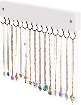 Lolalet Wooden Necklace Holder for Wall with 15 Hooks, Necklaces Hanger Easy Install Wall Mount Necklace Organizer, Jewelry Hangers for Chains, Bracelets, Earrings -White
