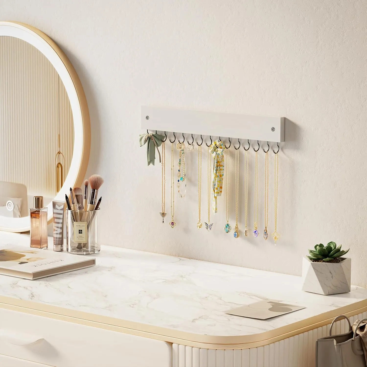 Lolalet Wooden Necklace Holder for Wall with 15 Hooks, Necklaces Hanger Easy Install Wall Mount Necklace Organizer, Jewelry Hangers for Chains, Bracelets, Earrings -White