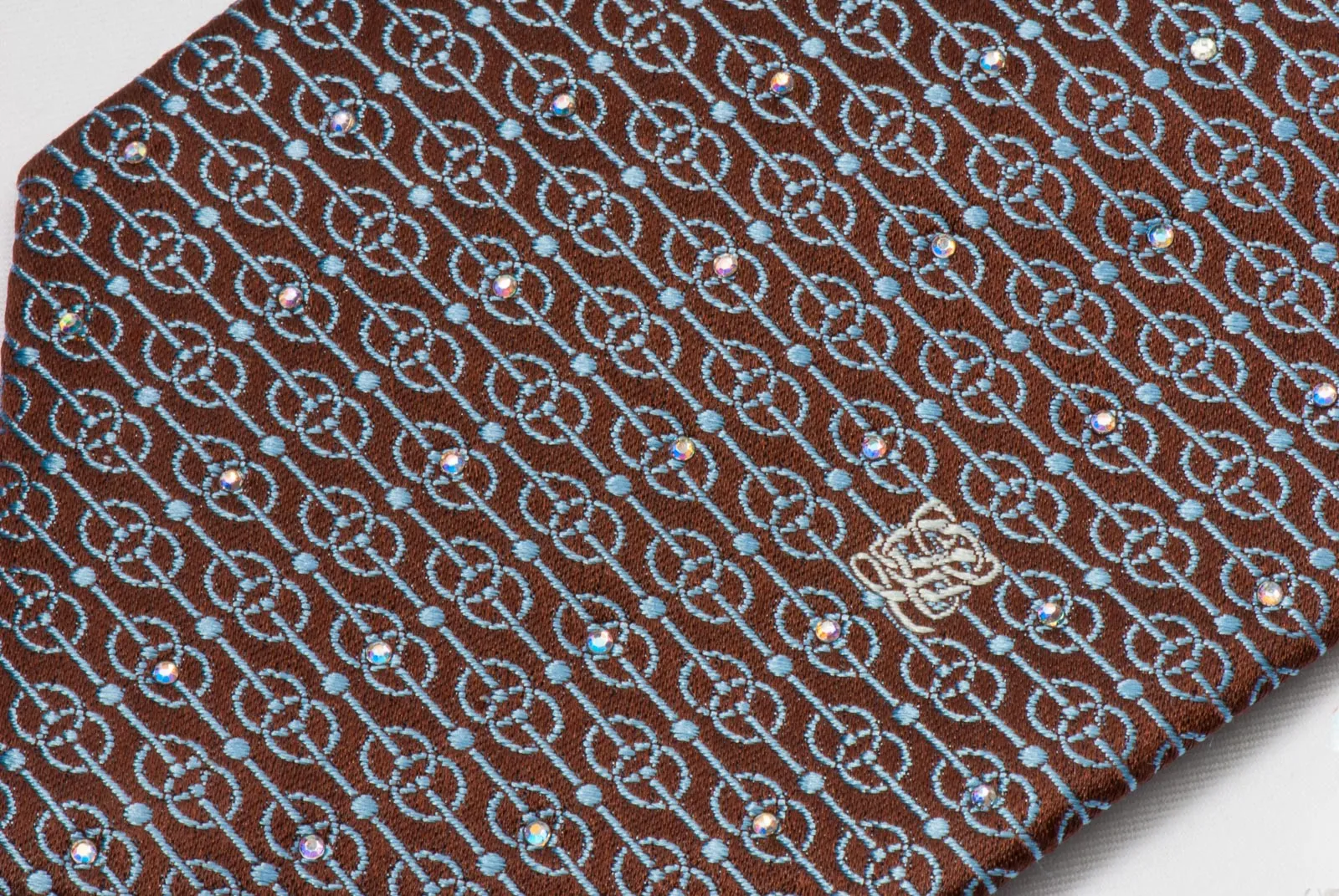 Louis Quatorze Men's Silk Necktie Blue Geometric On Brown With Crystal Rhinestones
