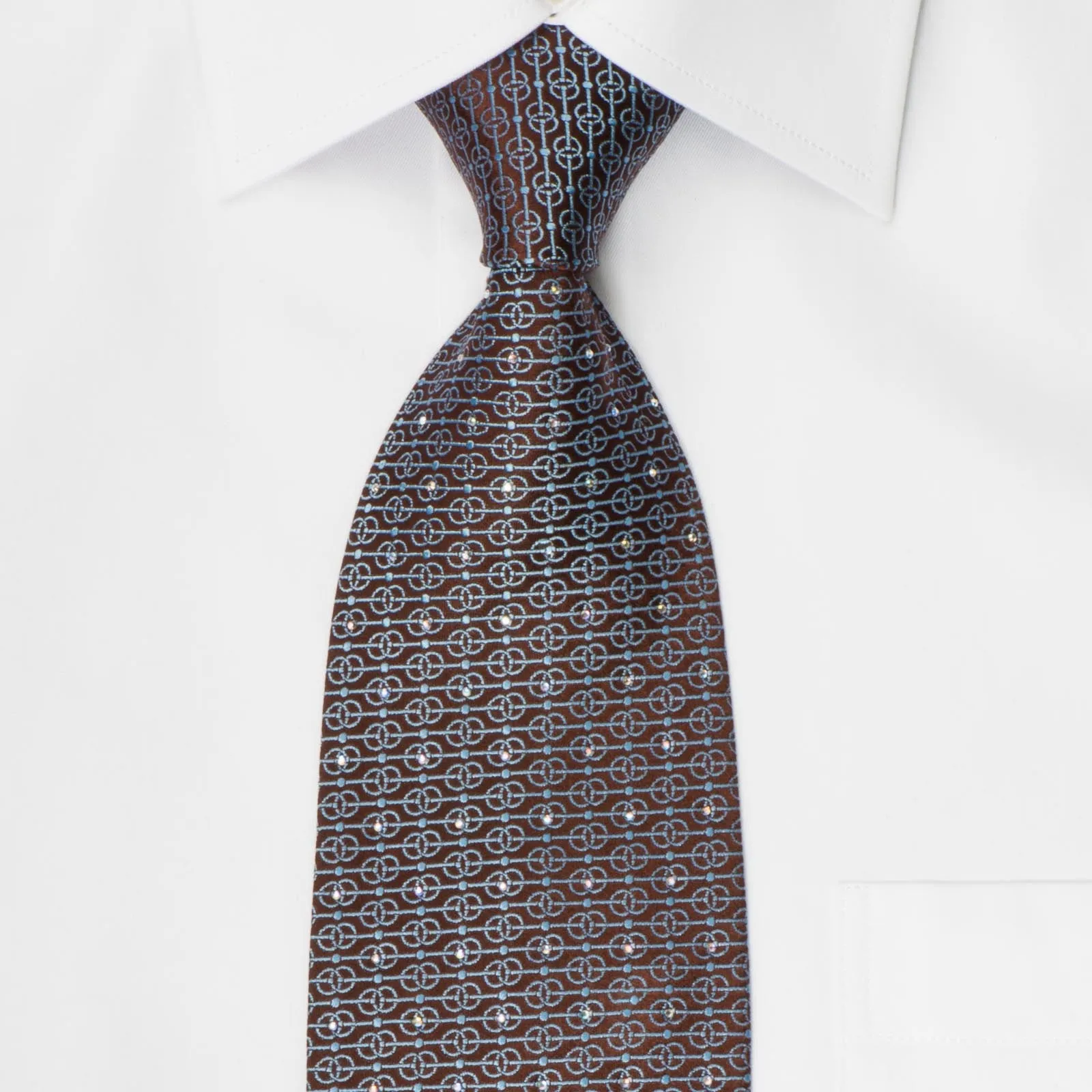 Louis Quatorze Men's Silk Necktie Blue Geometric On Brown With Crystal Rhinestones