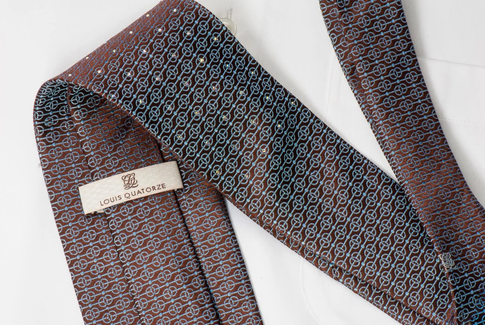 Louis Quatorze Men's Silk Necktie Blue Geometric On Brown With Crystal Rhinestones