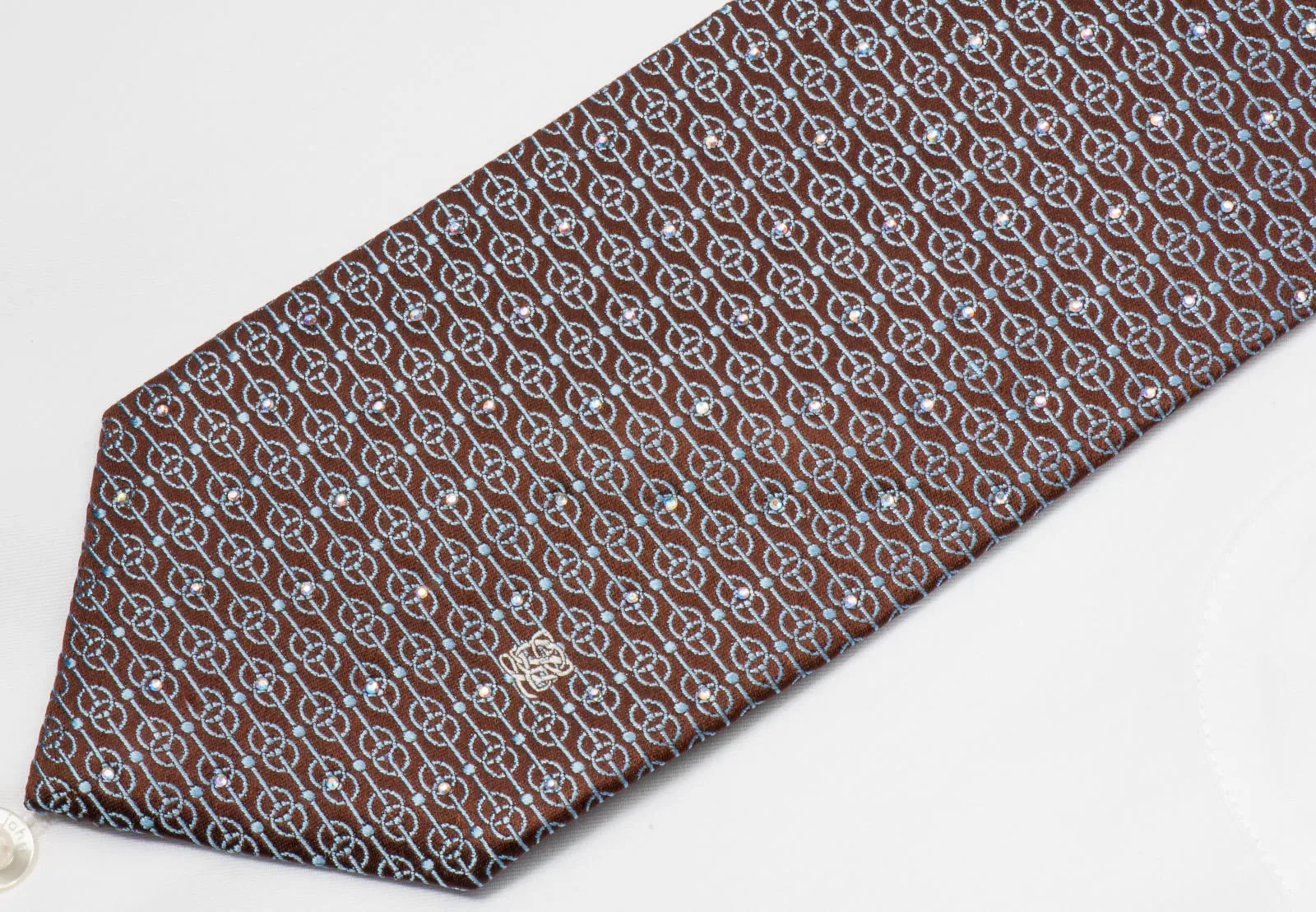 Louis Quatorze Men's Silk Necktie Blue Geometric On Brown With Crystal Rhinestones