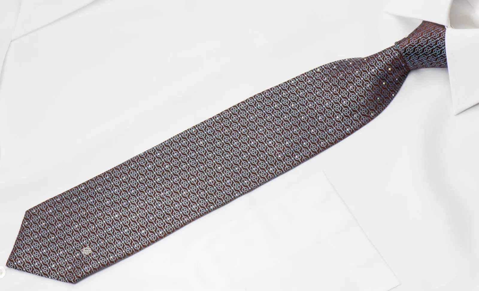 Louis Quatorze Men's Silk Necktie Blue Geometric On Brown With Crystal Rhinestones