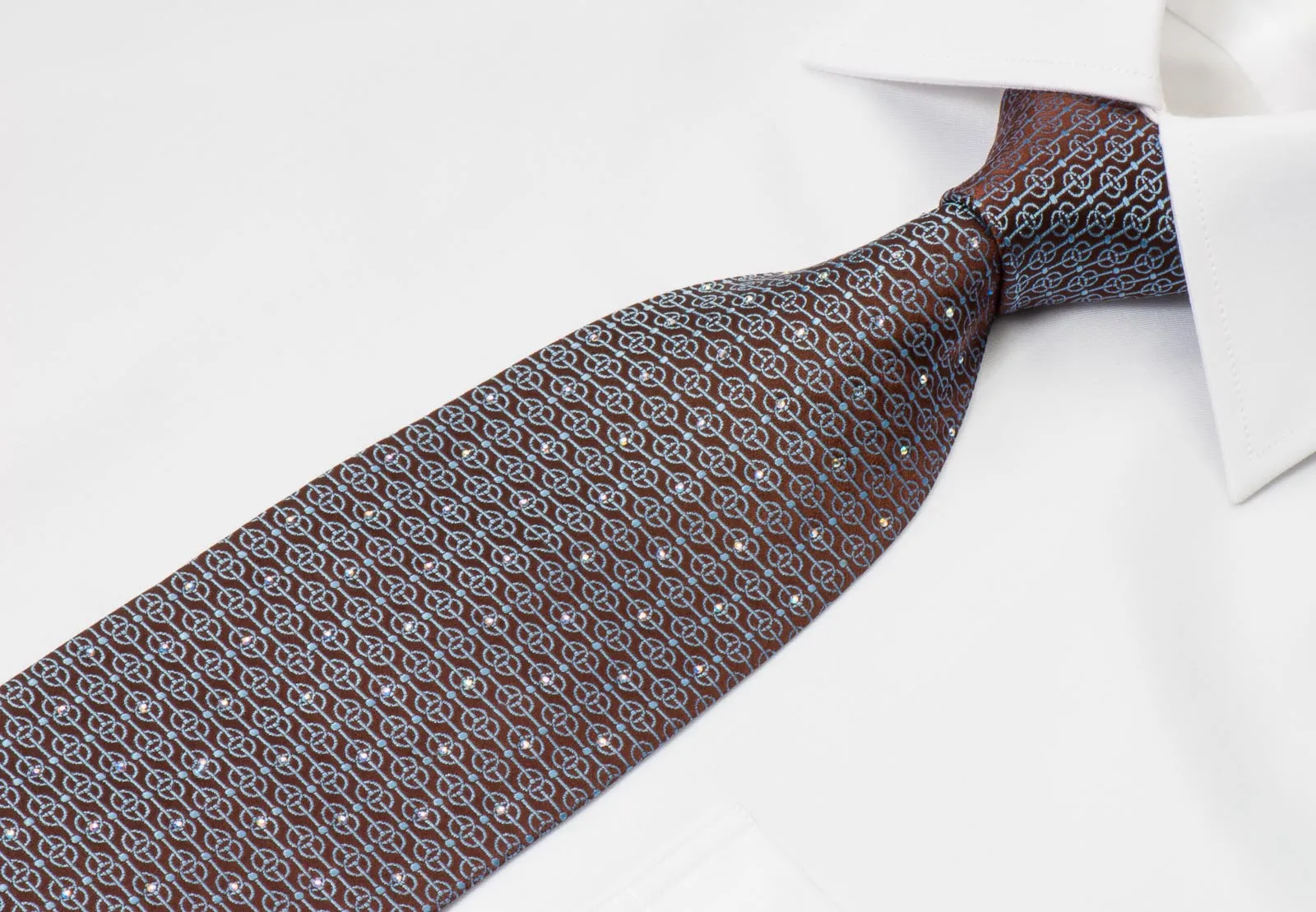 Louis Quatorze Men's Silk Necktie Blue Geometric On Brown With Crystal Rhinestones
