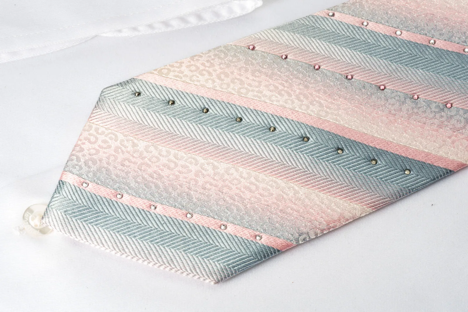 Metro City Silk Tie Silver Pink Striped With Crystal Rhinestones