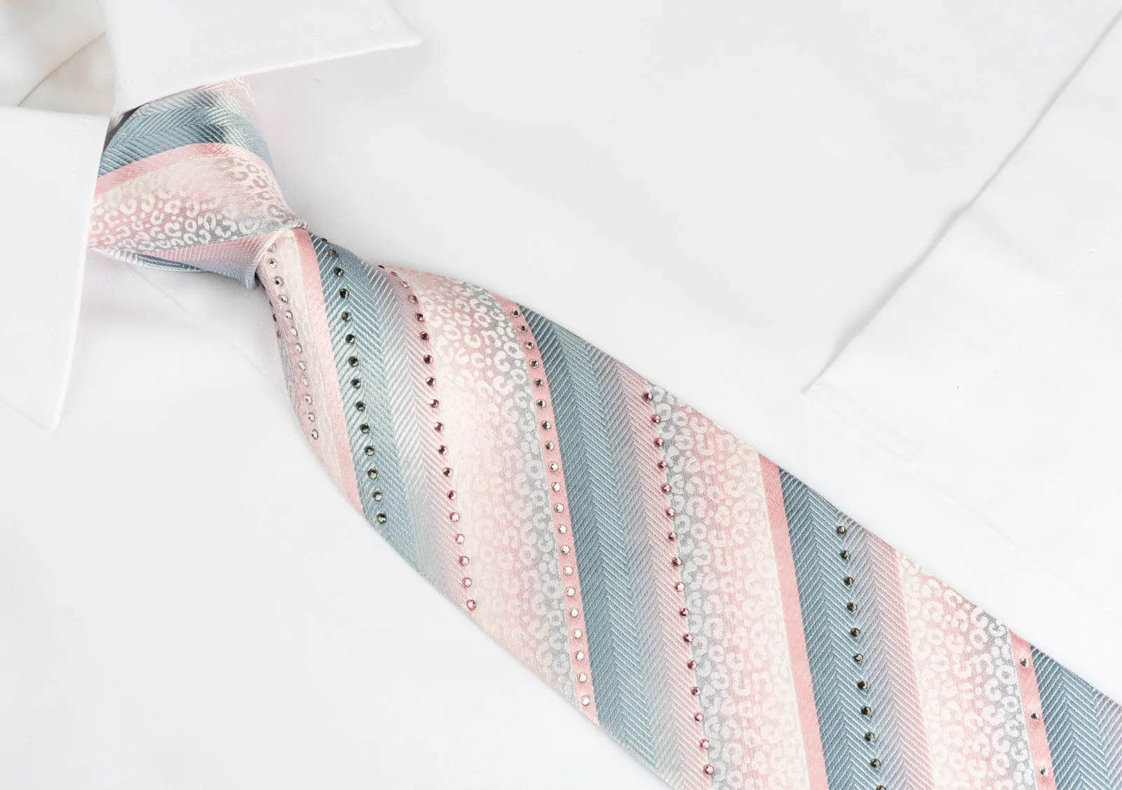 Metro City Silk Tie Silver Pink Striped With Crystal Rhinestones