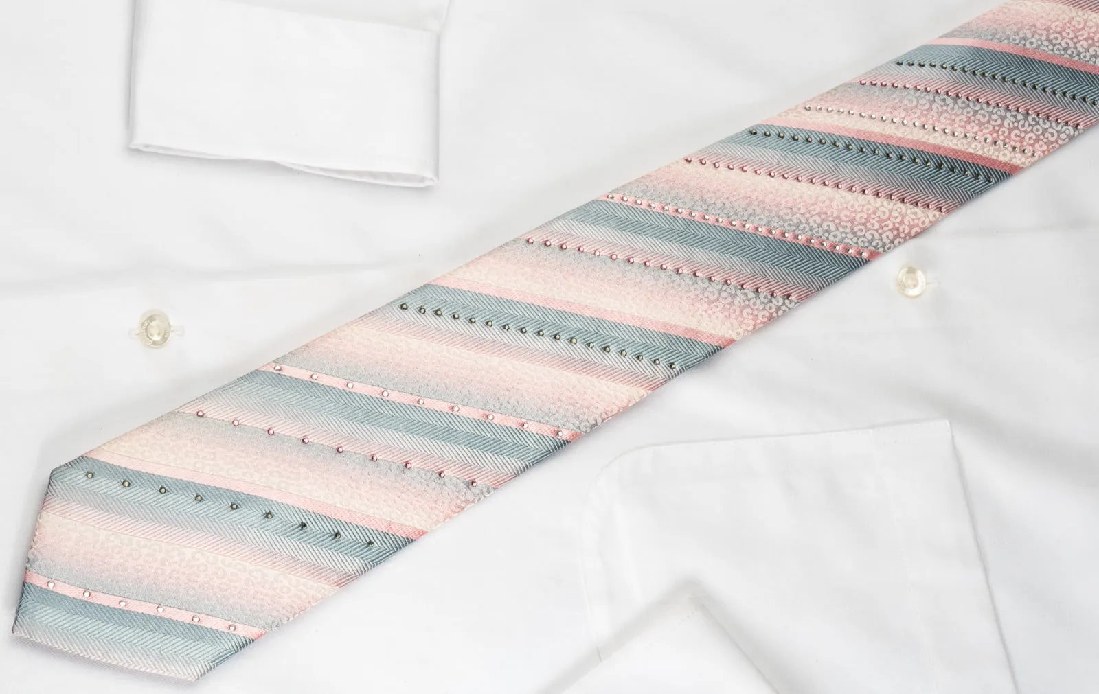 Metro City Silk Tie Silver Pink Striped With Crystal Rhinestones