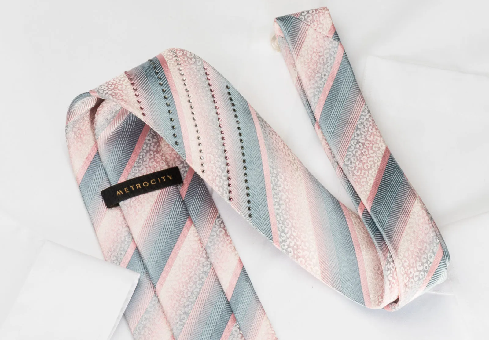 Metro City Silk Tie Silver Pink Striped With Crystal Rhinestones