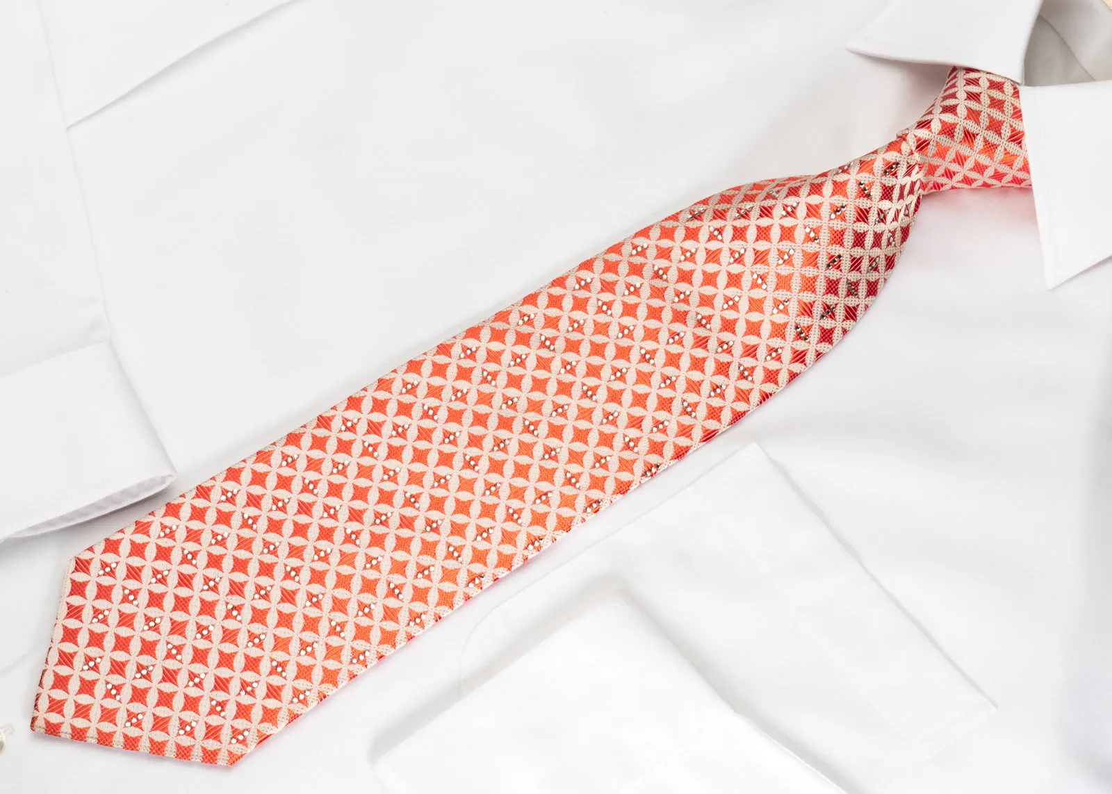 Michiko Koshino Rhinestone Silk Tie Orange Geometric On White With Gold Sparkles