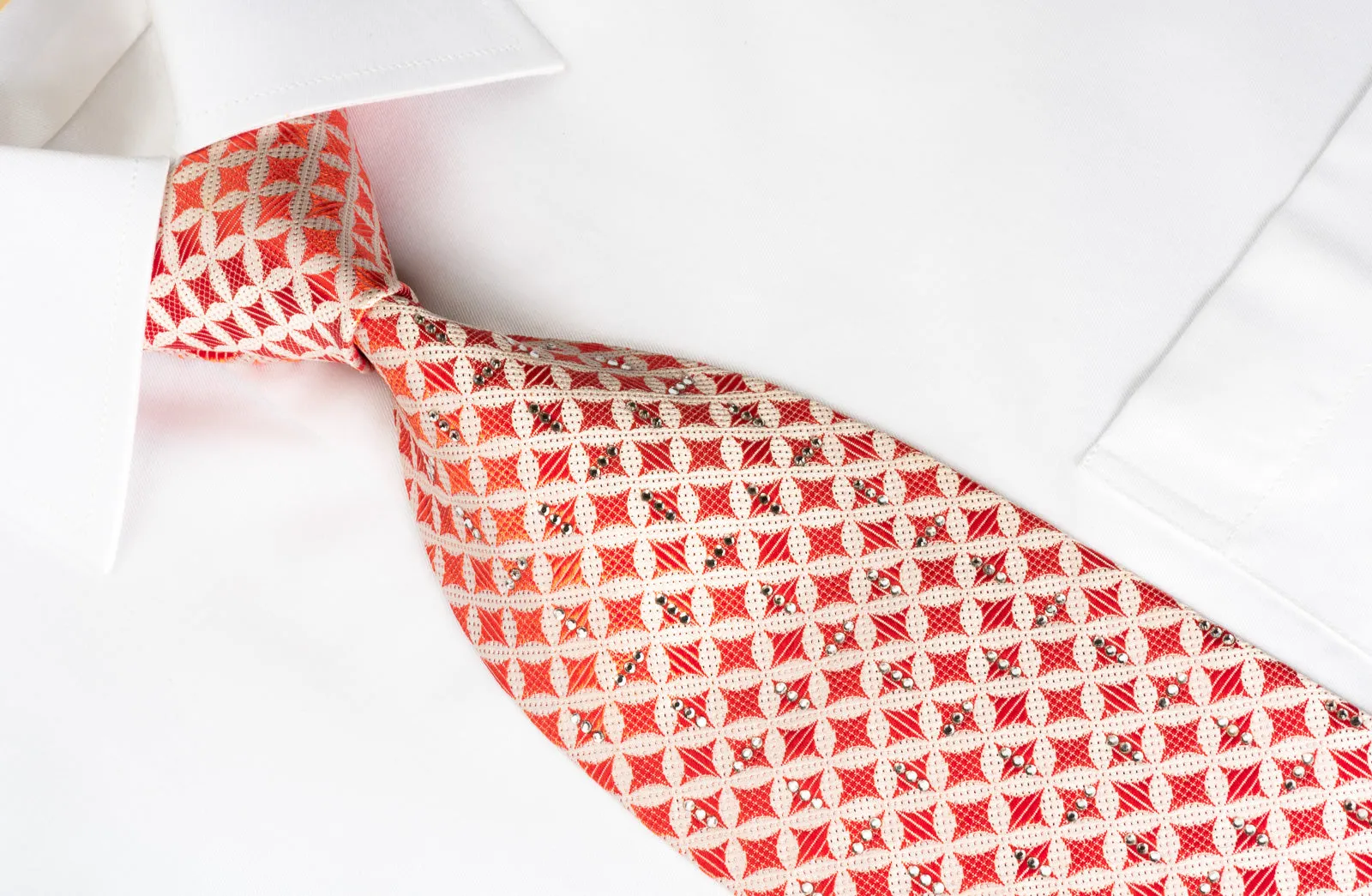 Michiko Koshino Rhinestone Silk Tie Orange Geometric On White With Gold Sparkles