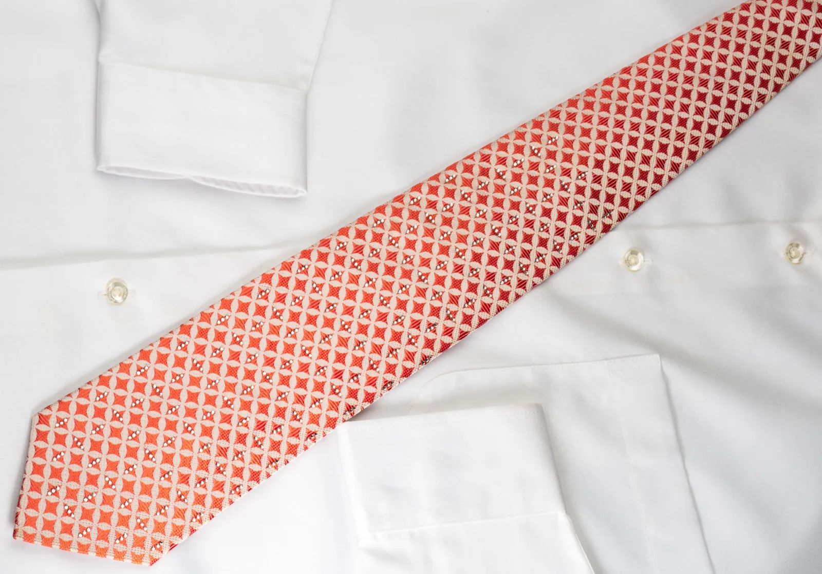 Michiko Koshino Rhinestone Silk Tie Orange Geometric On White With Gold Sparkles