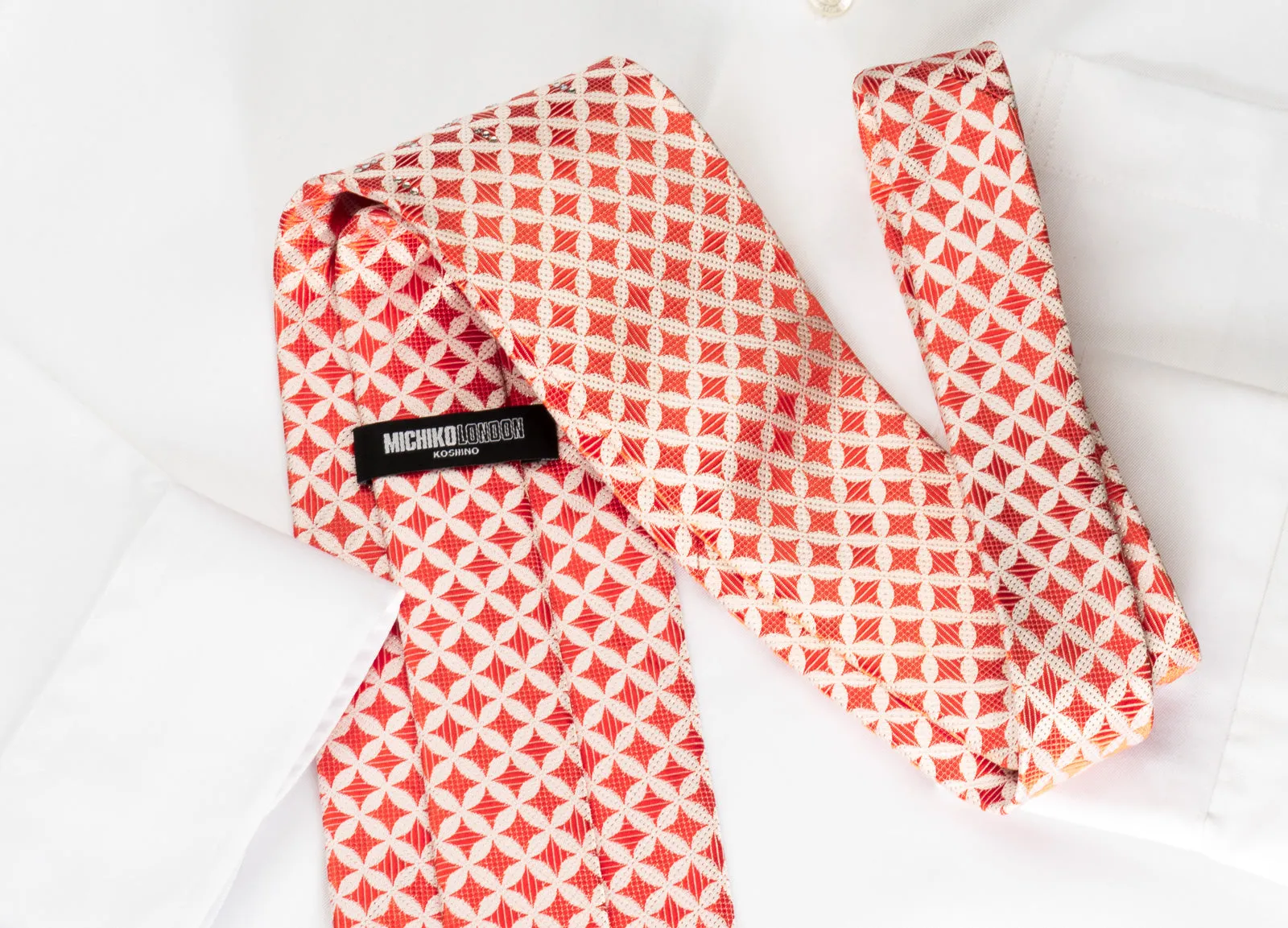 Michiko Koshino Rhinestone Silk Tie Orange Geometric On White With Gold Sparkles