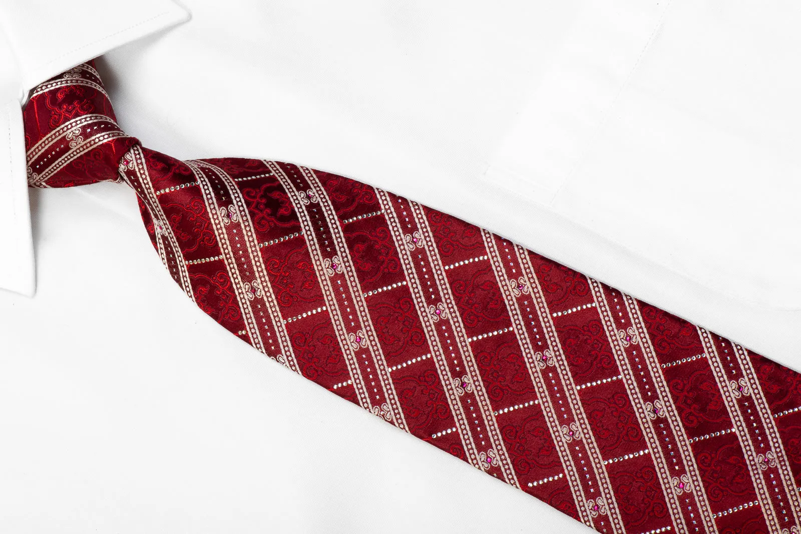 Nina Ricci Rhinestone Silk Necktie Silver Striped Cartouche On Burgundy With Sparkles