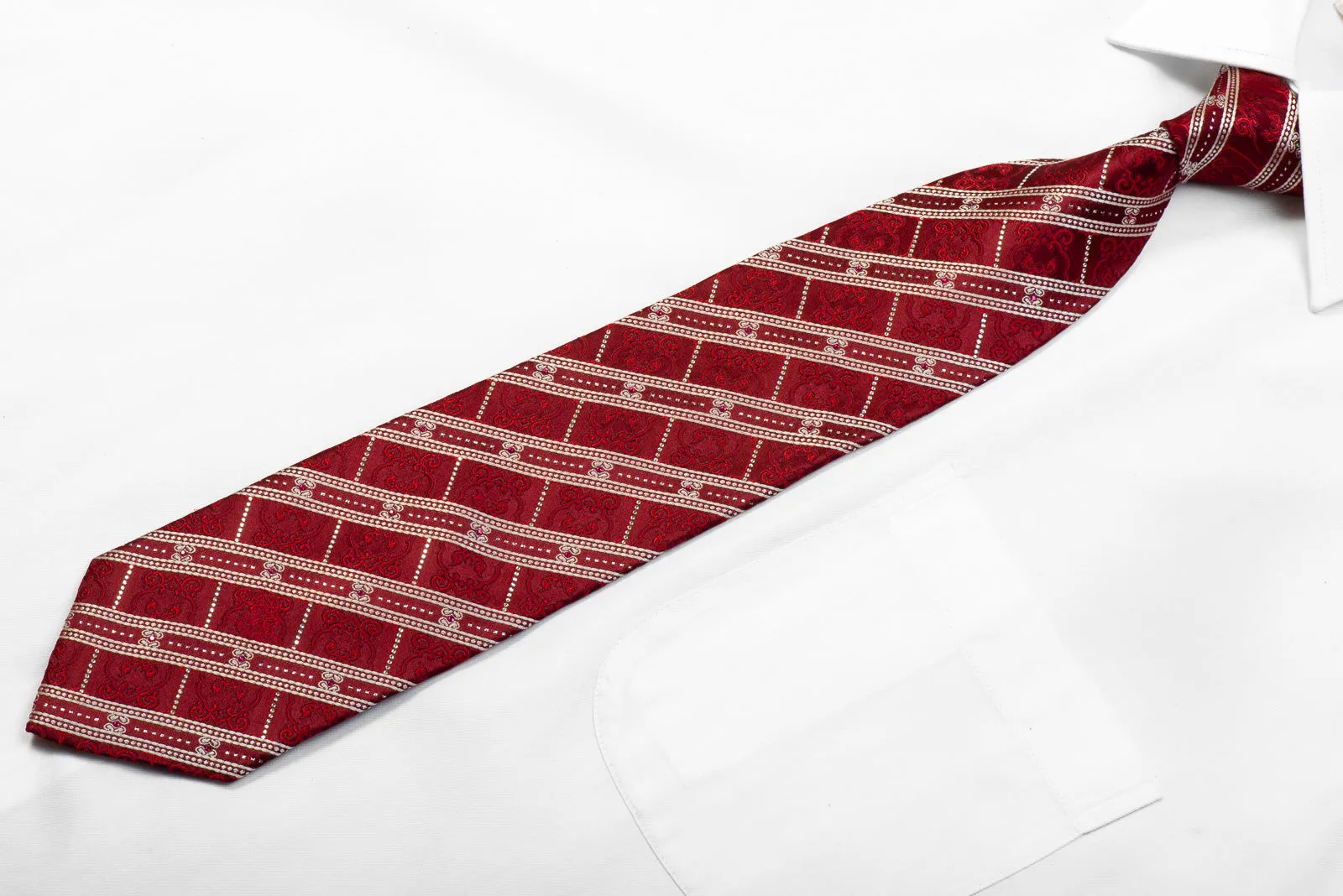 Nina Ricci Rhinestone Silk Necktie Silver Striped Cartouche On Burgundy With Sparkles