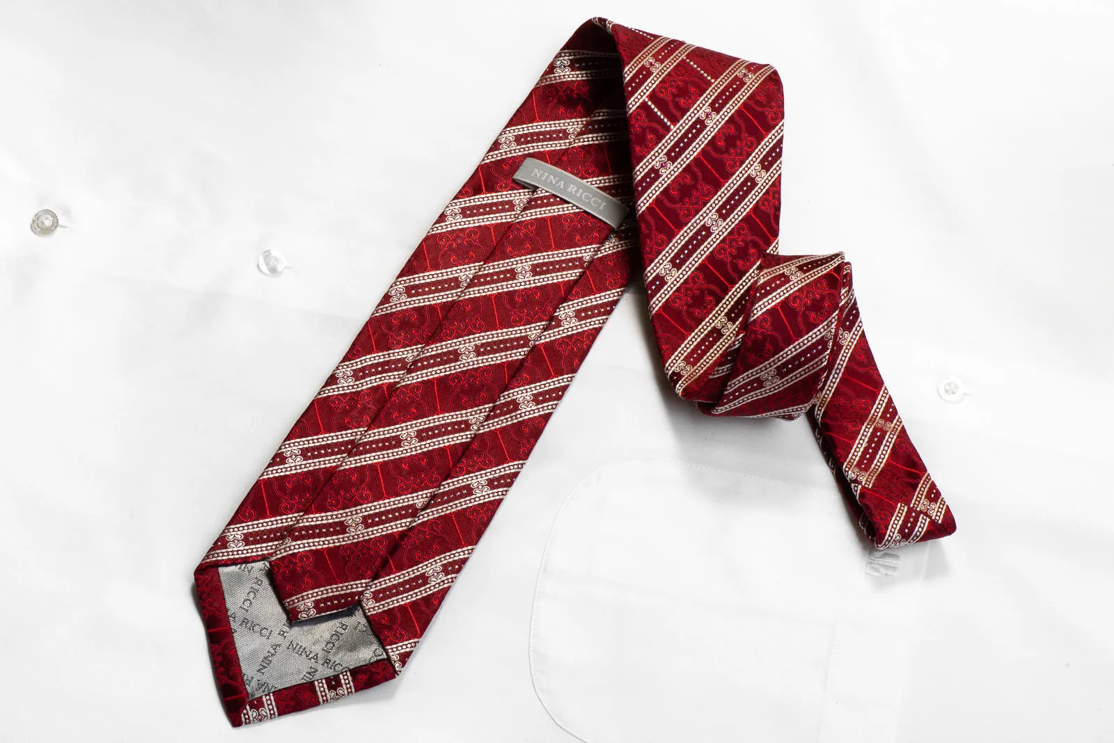 Nina Ricci Rhinestone Silk Necktie Silver Striped Cartouche On Burgundy With Sparkles