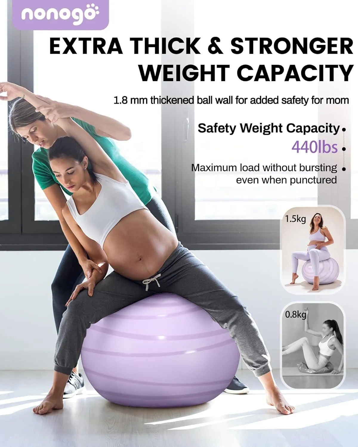 nonogo Birthing Ball for Pregnancy with Resistance Bands- Exercise Ball for Working Out, Yoga, Physical Therapy, Maternity Physio, Balance Stability Ball with Pump