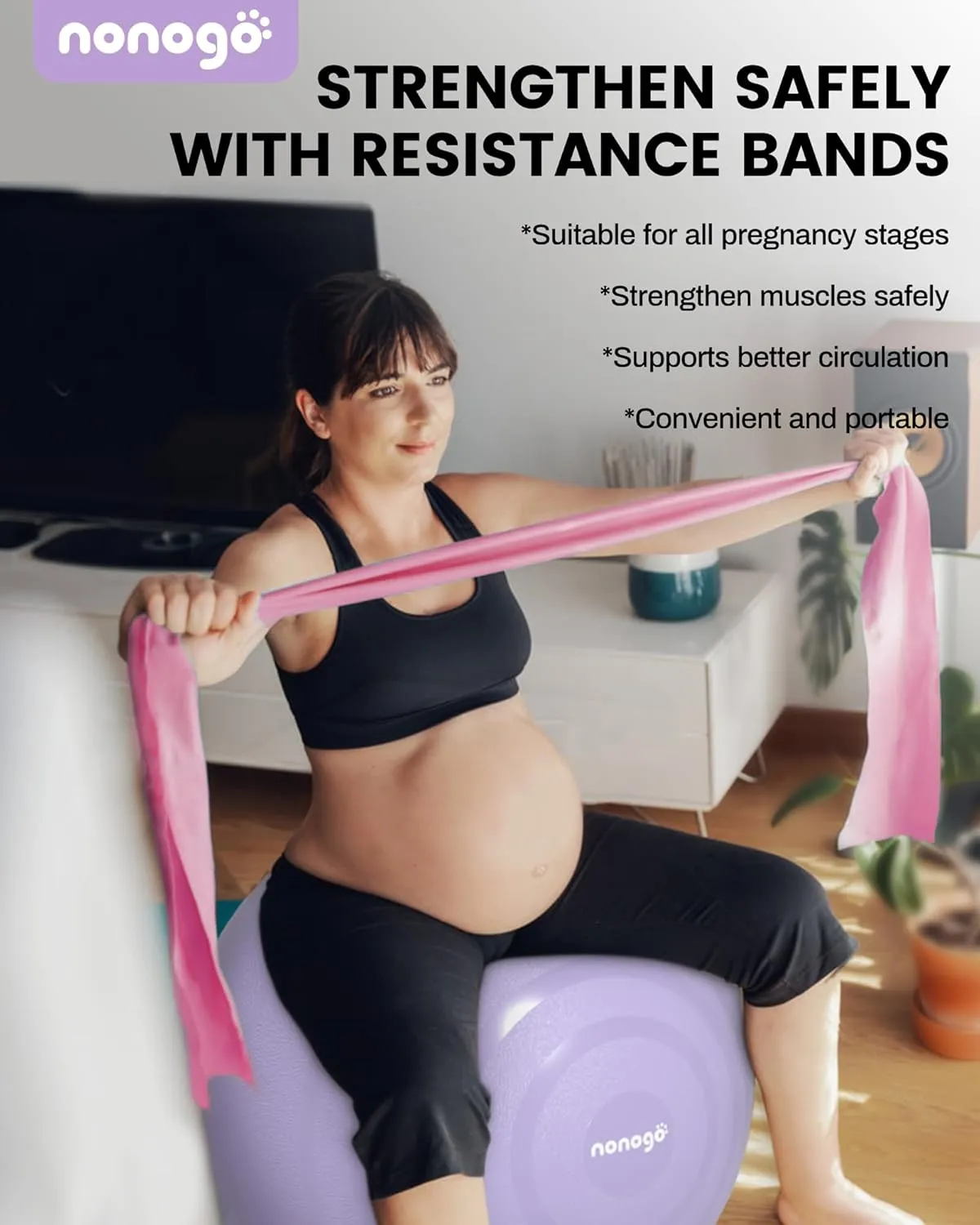 nonogo Birthing Ball for Pregnancy with Resistance Bands- Exercise Ball for Working Out, Yoga, Physical Therapy, Maternity Physio, Balance Stability Ball with Pump