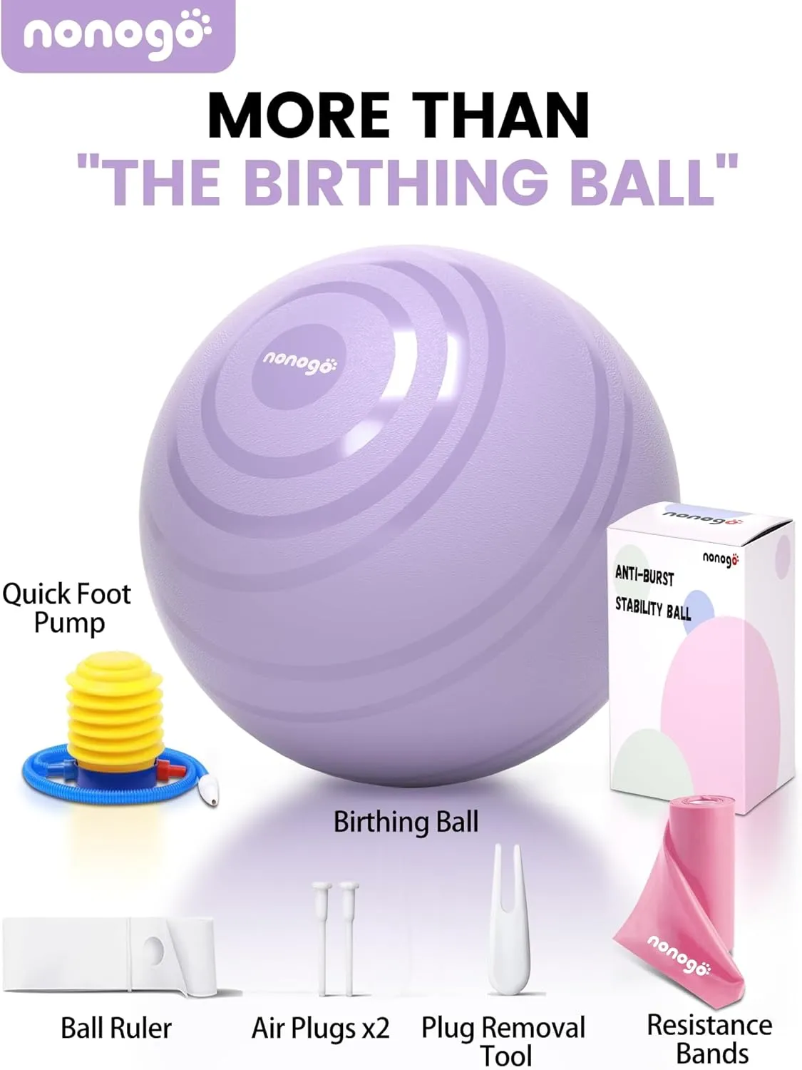 nonogo Birthing Ball for Pregnancy with Resistance Bands- Exercise Ball for Working Out, Yoga, Physical Therapy, Maternity Physio, Balance Stability Ball with Pump