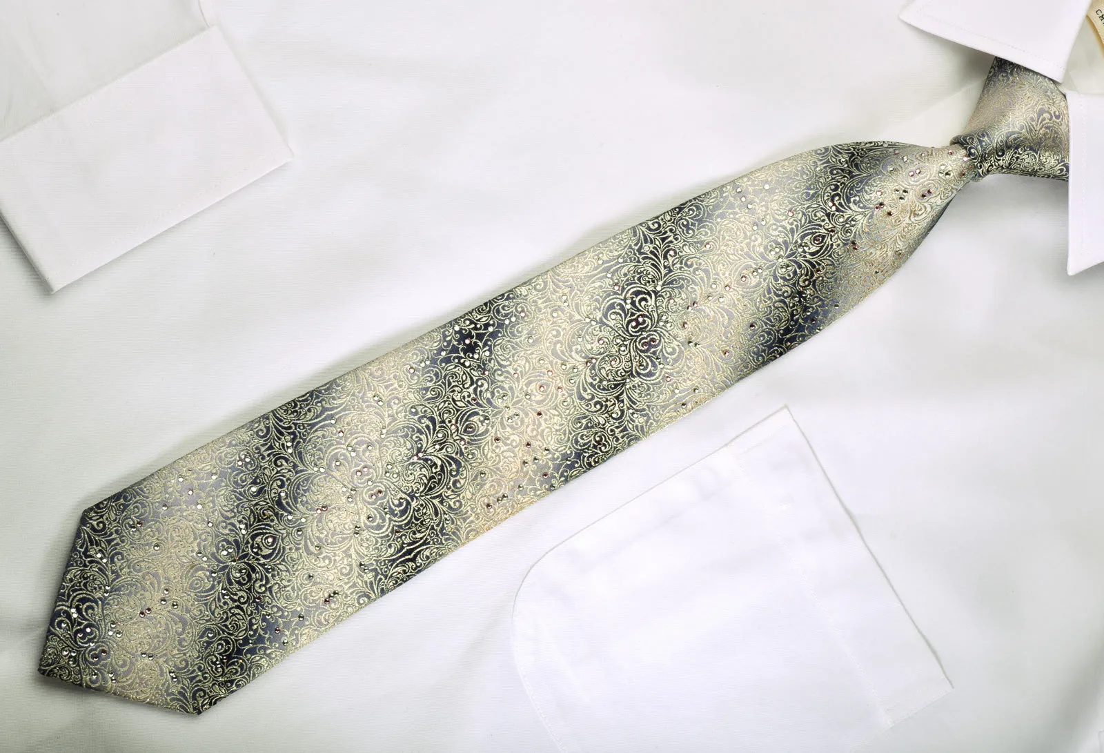 Premierlux Rhinestone Silk Necktie Silver Damask On Graduating Silver With Sparkles