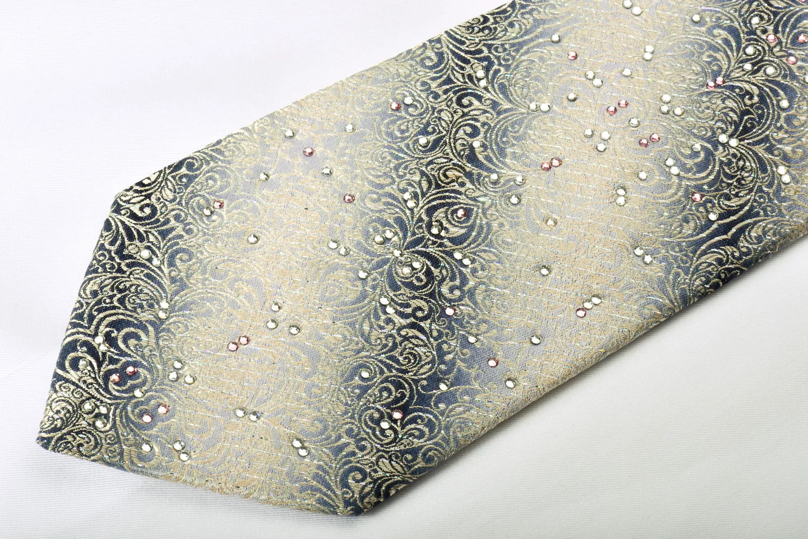 Premierlux Rhinestone Silk Necktie Silver Damask On Graduating Silver With Sparkles