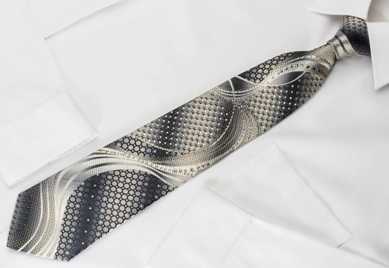 Remizio Silk Rhinestone Tie Scotty Dogs On Silver With Silver Sparkles
