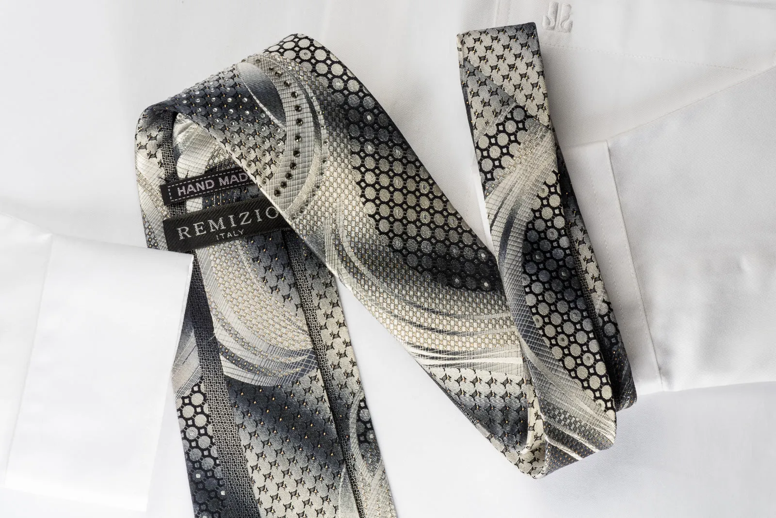 Remizio Silk Rhinestone Tie Scotty Dogs On Silver With Silver Sparkles