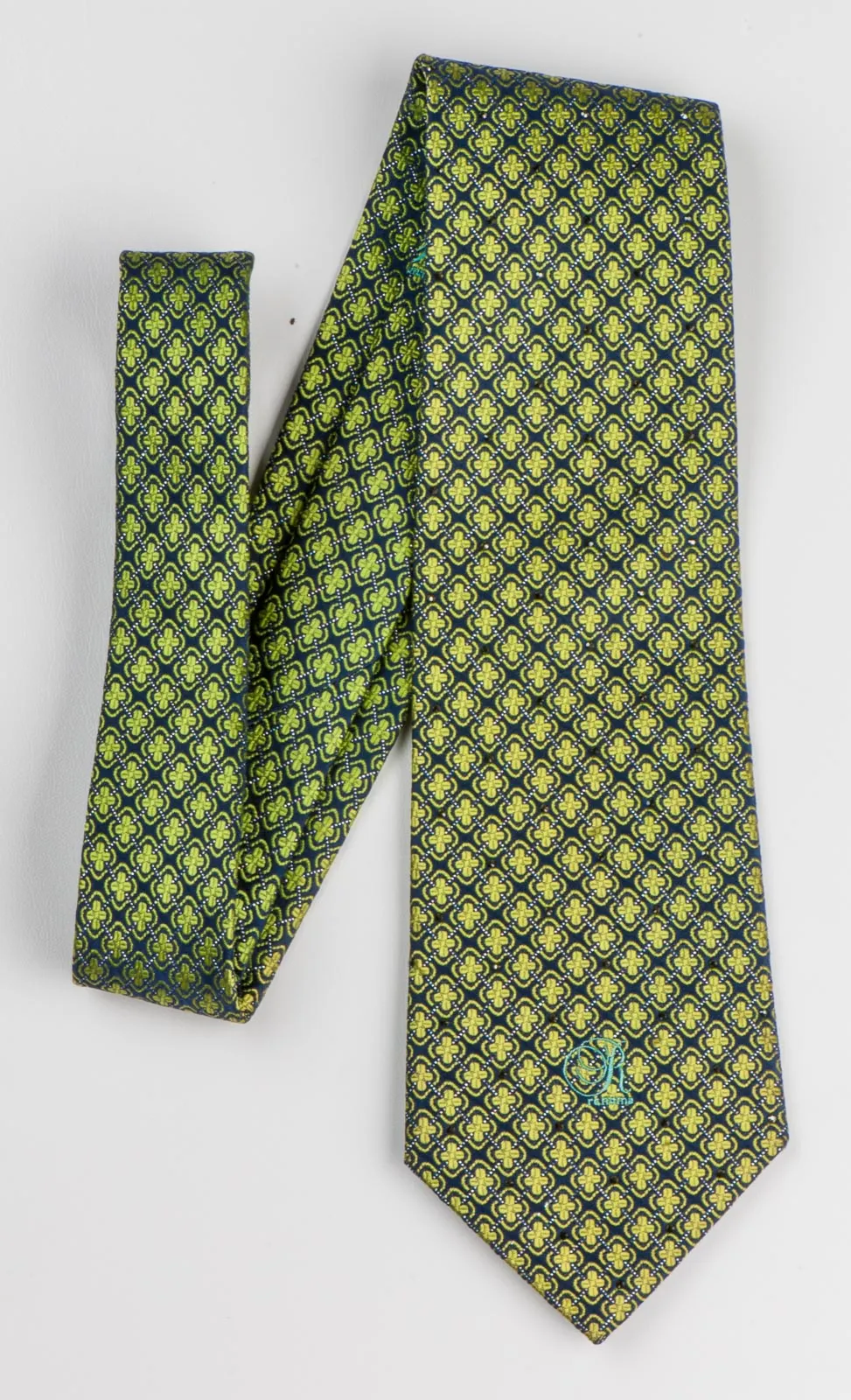 Renoma Neck Tie Green Quatrefoil On Dark Blue Silk With Dark Blue Rhinestones