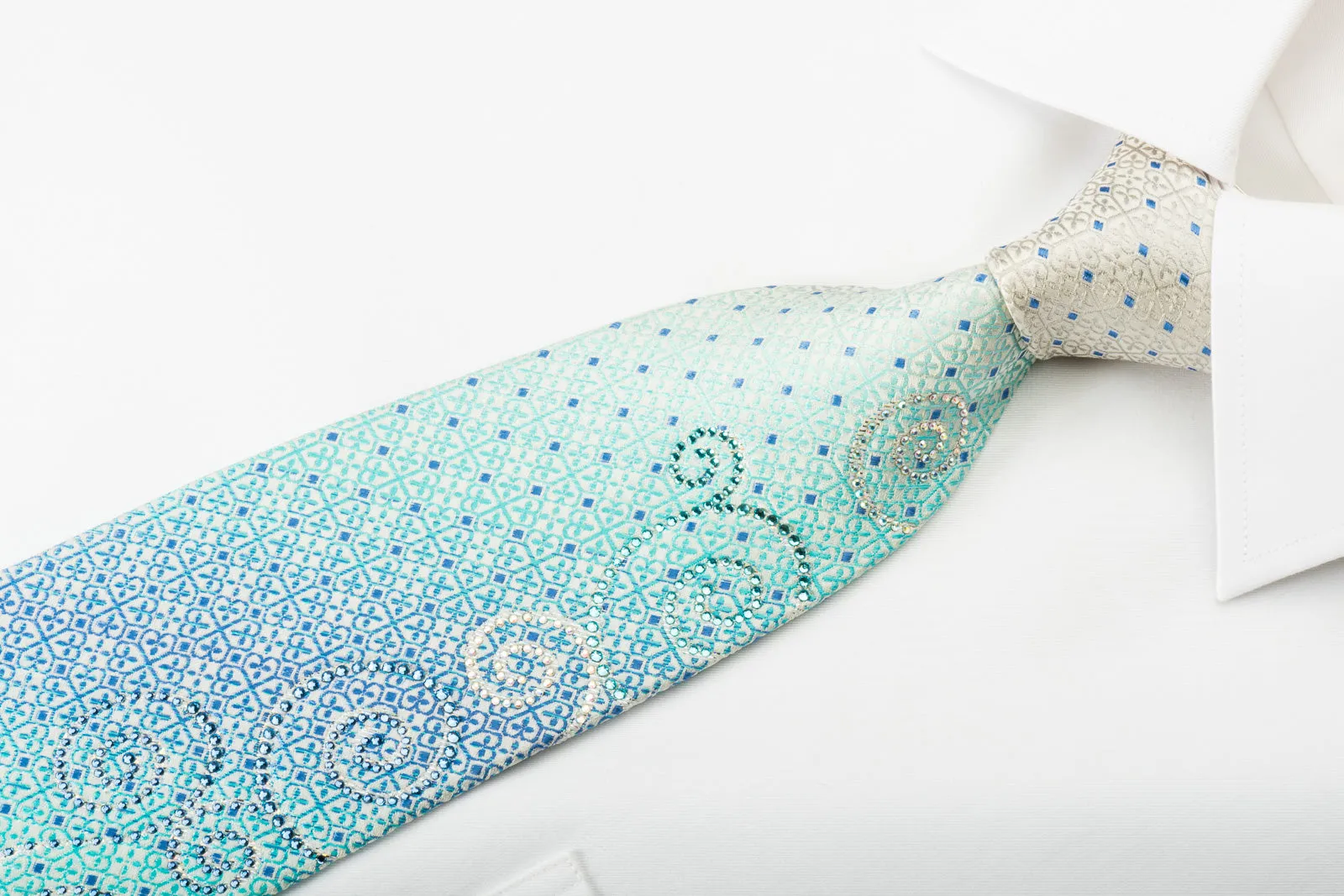Renoma Necktie Blue Cartouche Rhinestone Scrolls On White Silk With Silver Sparkles