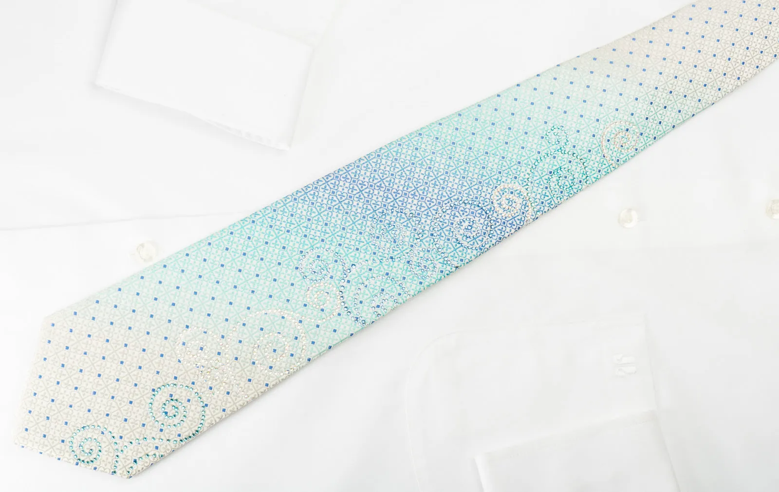 Renoma Necktie Blue Cartouche Rhinestone Scrolls On White Silk With Silver Sparkles