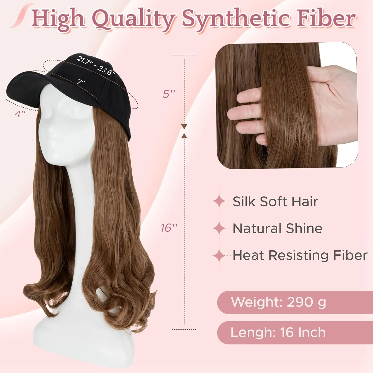 SEGO Hat Wig, Hat with Hair Attached for Women Black Baseball Cap with Hair Extensions, Long Wavy Baseball Cap Wig Adjustable Hats for Daily Party #12