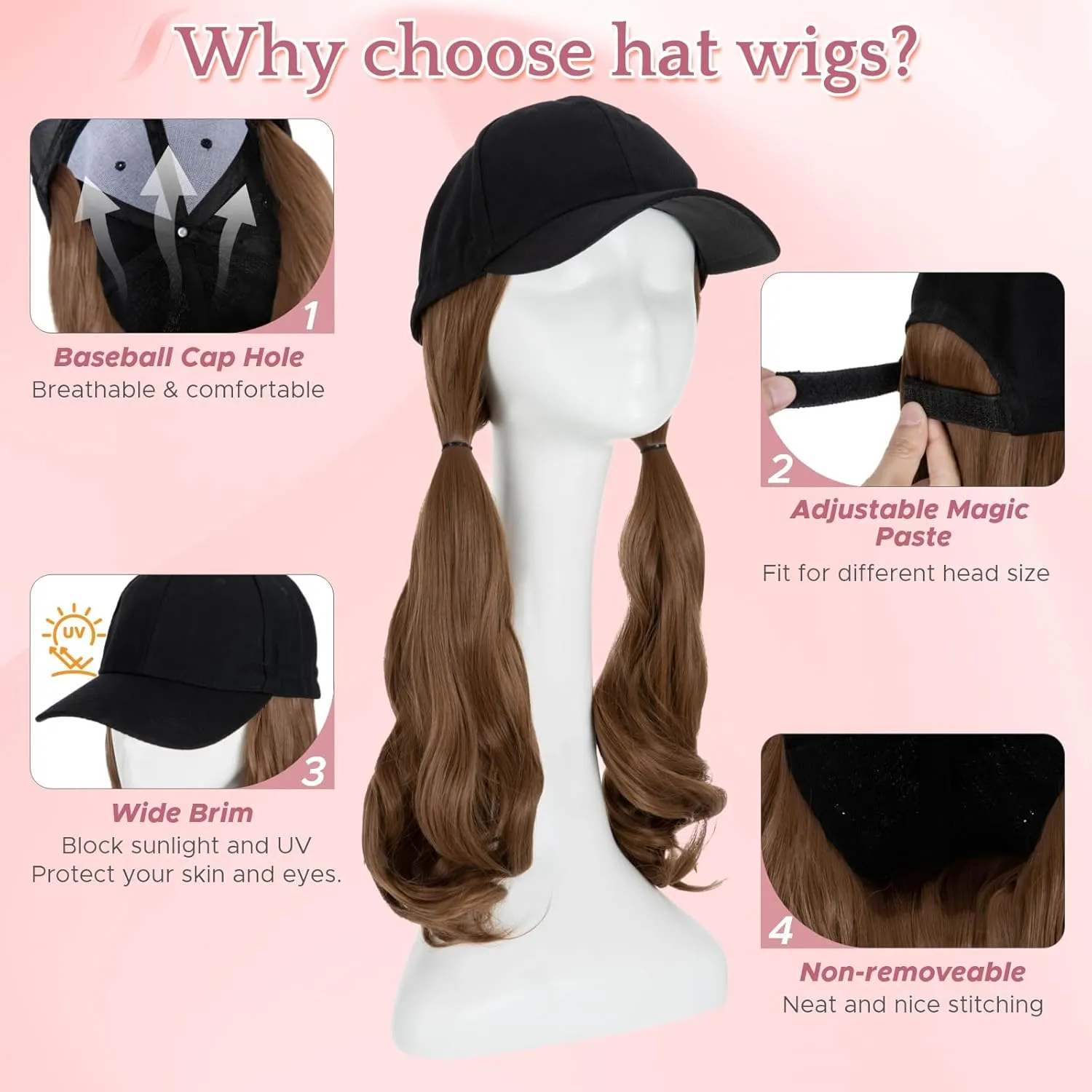 SEGO Hat Wig, Hat with Hair Attached for Women Black Baseball Cap with Hair Extensions, Long Wavy Baseball Cap Wig Adjustable Hats for Daily Party #12
