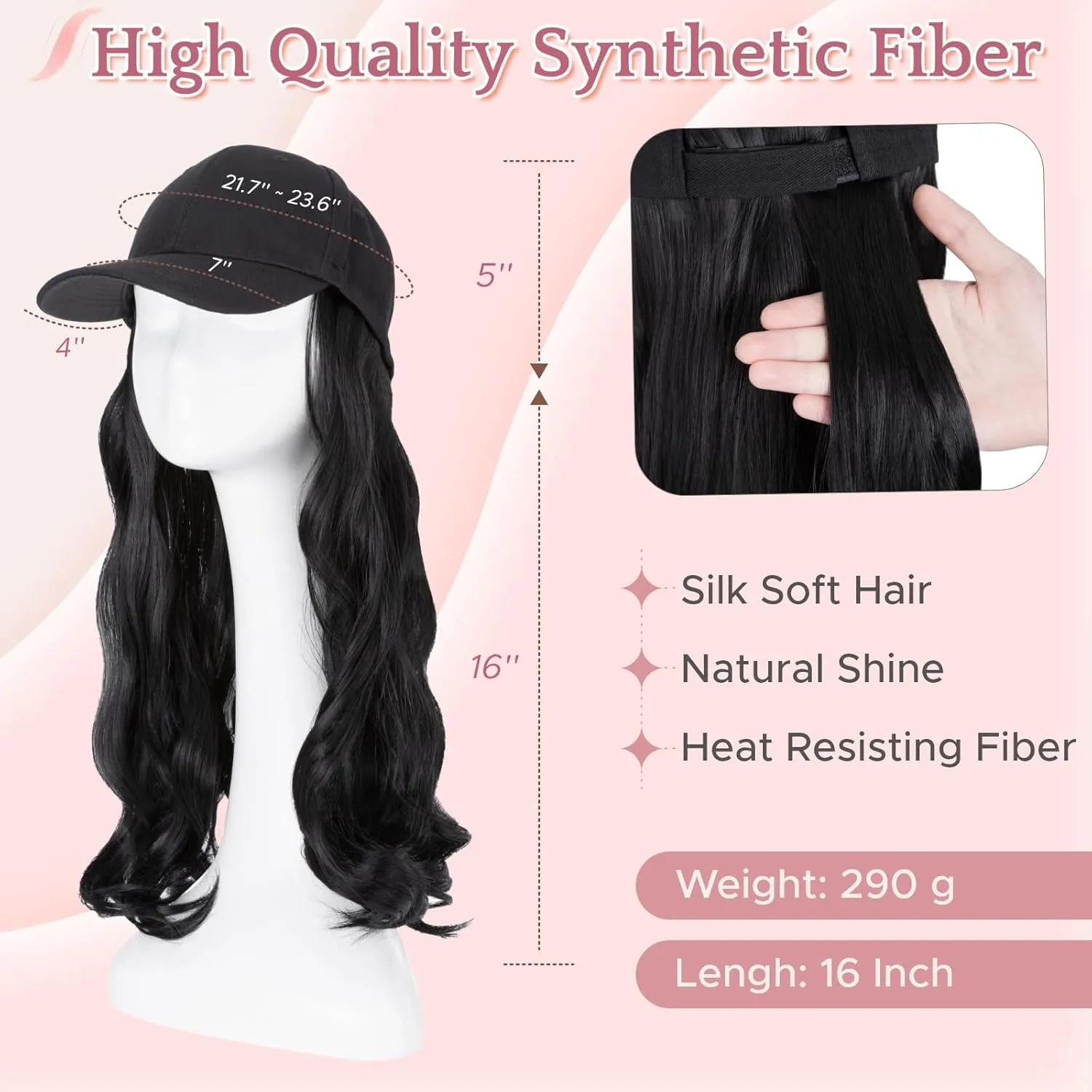 SEGO Hat Wig, Hat with Hair Attached for Women Black Baseball Cap with Hair Extensions, Long Wavy Baseball Cap Wig Adjustable Hats for Daily Party #1