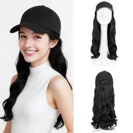 SEGO Hat Wig, Hat with Hair Attached for Women Black Baseball Cap with Hair Extensions, Long Wavy Baseball Cap Wig Adjustable Hats for Daily Party #1