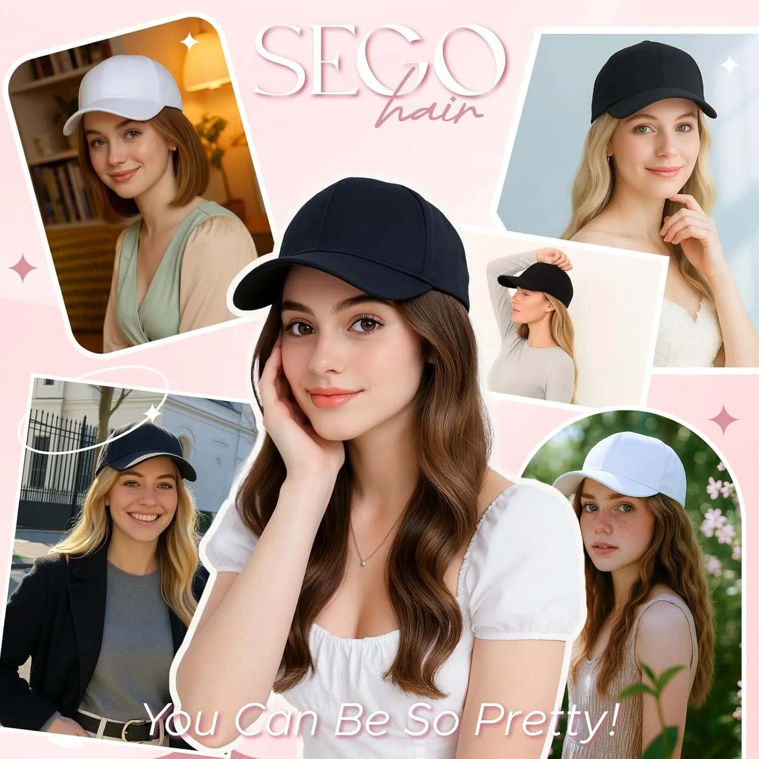 SEGO Hat Wig, Hat with Hair Attached for Women Black Baseball Cap with Hair Extensions, Long Wavy Baseball Cap Wig Adjustable Hats for Daily Party #1
