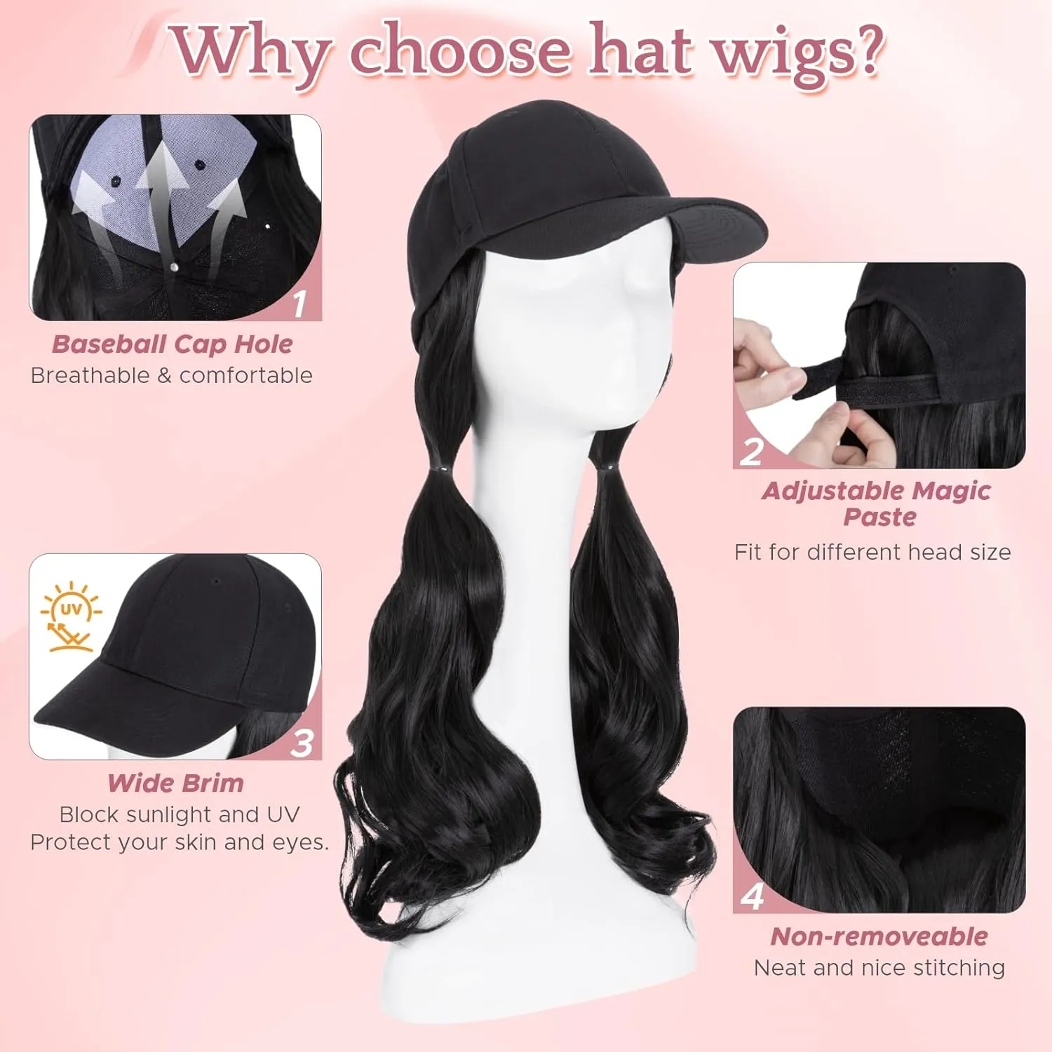 SEGO Hat Wig, Hat with Hair Attached for Women Black Baseball Cap with Hair Extensions, Long Wavy Baseball Cap Wig Adjustable Hats for Daily Party #1