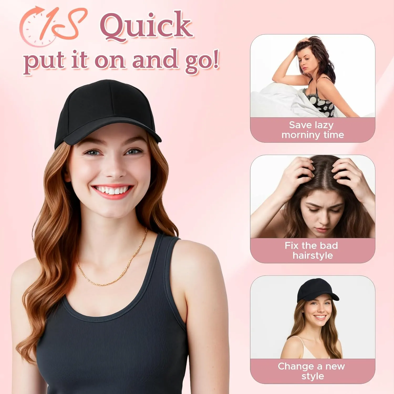 SEGO Hat Wig, Hat with Hair Attached for Women Black Baseball Cap with Hair Extensions, Long Wavy Baseball Cap Wig Adjustable Hats for Daily Party #1