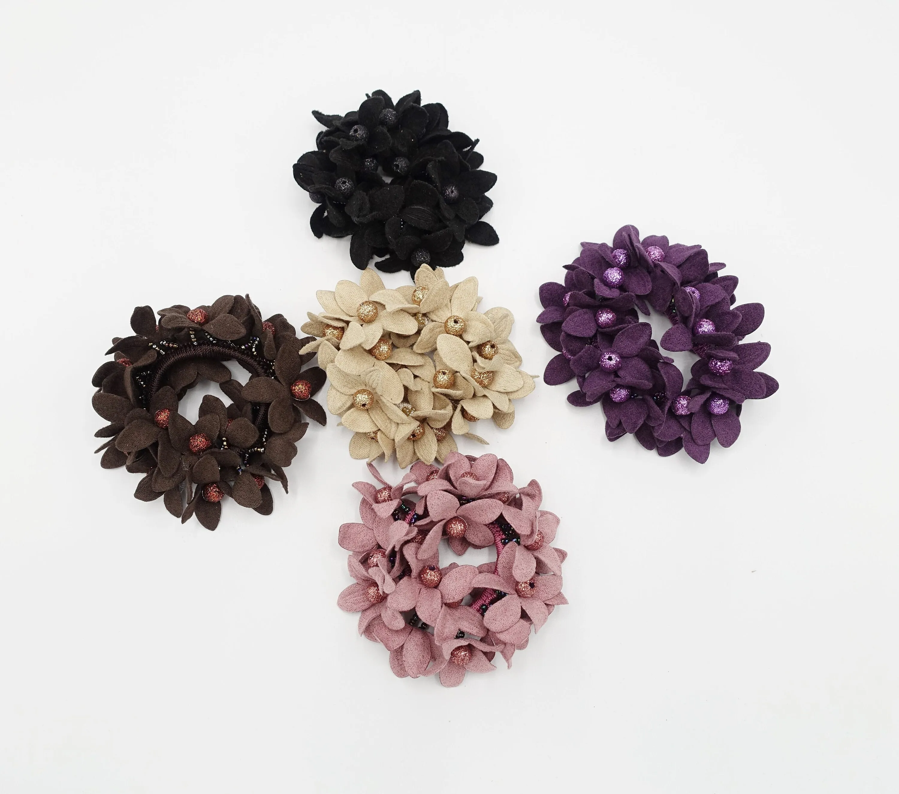 suede petal flower sparking ball embellished hair elastic ponytail holder