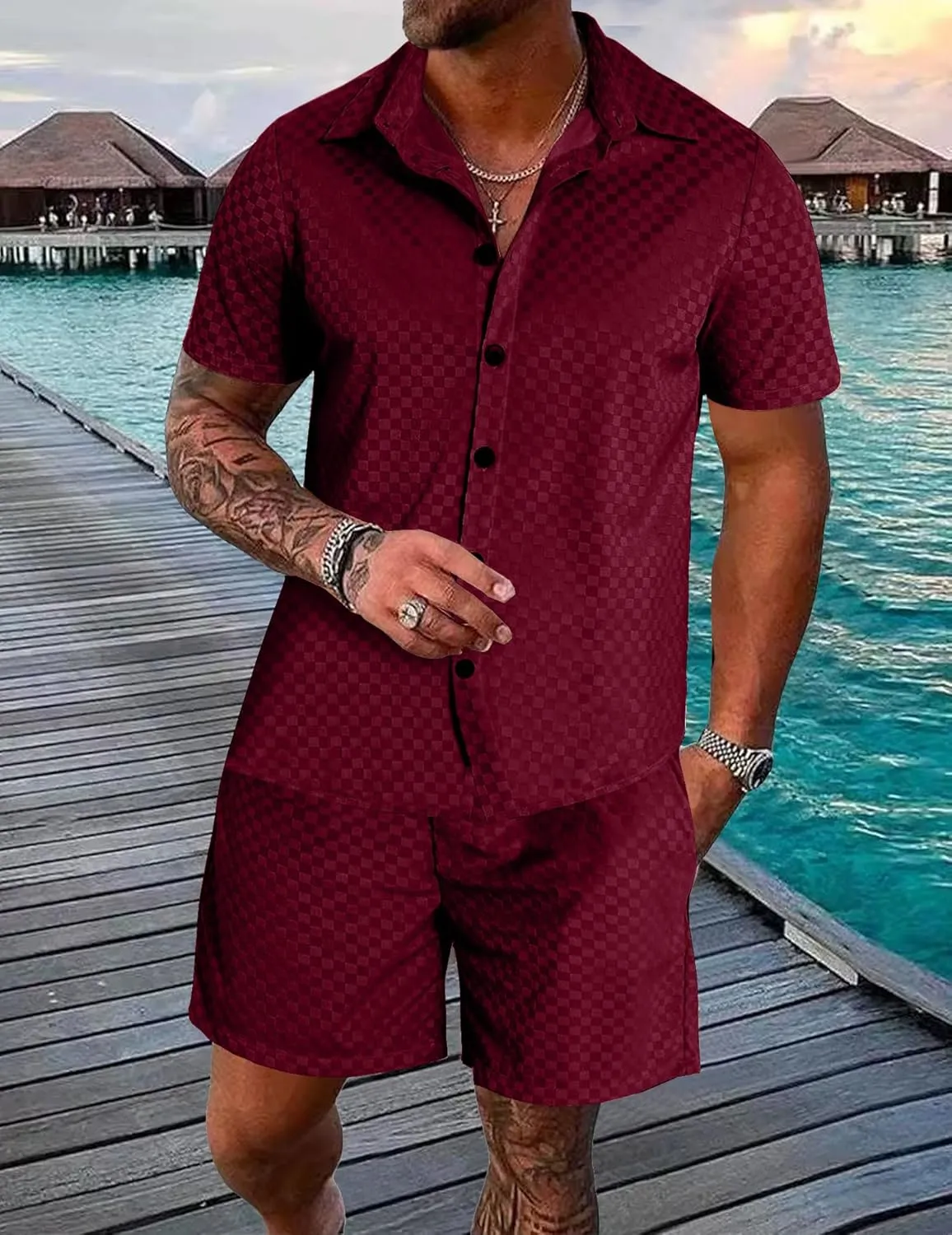 UOUA Mens Velour Tracksuit 2 Piece Outfits Short Sleeve Button Down Shirt and Short Sets Casual Sweatsuits