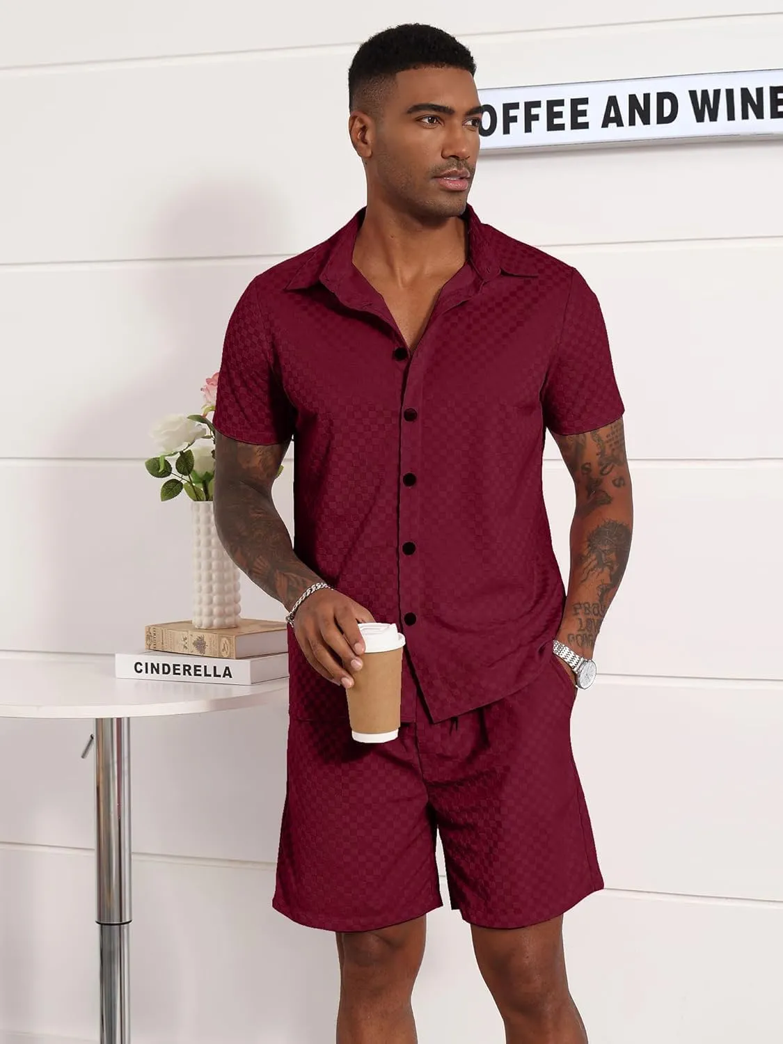 UOUA Mens Velour Tracksuit 2 Piece Outfits Short Sleeve Button Down Shirt and Short Sets Casual Sweatsuits