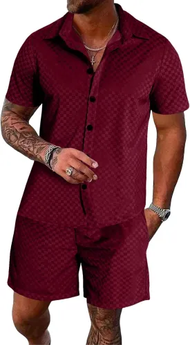 UOUA Mens Velour Tracksuit 2 Piece Outfits Short Sleeve Button Down Shirt and Short Sets Casual Sweatsuits