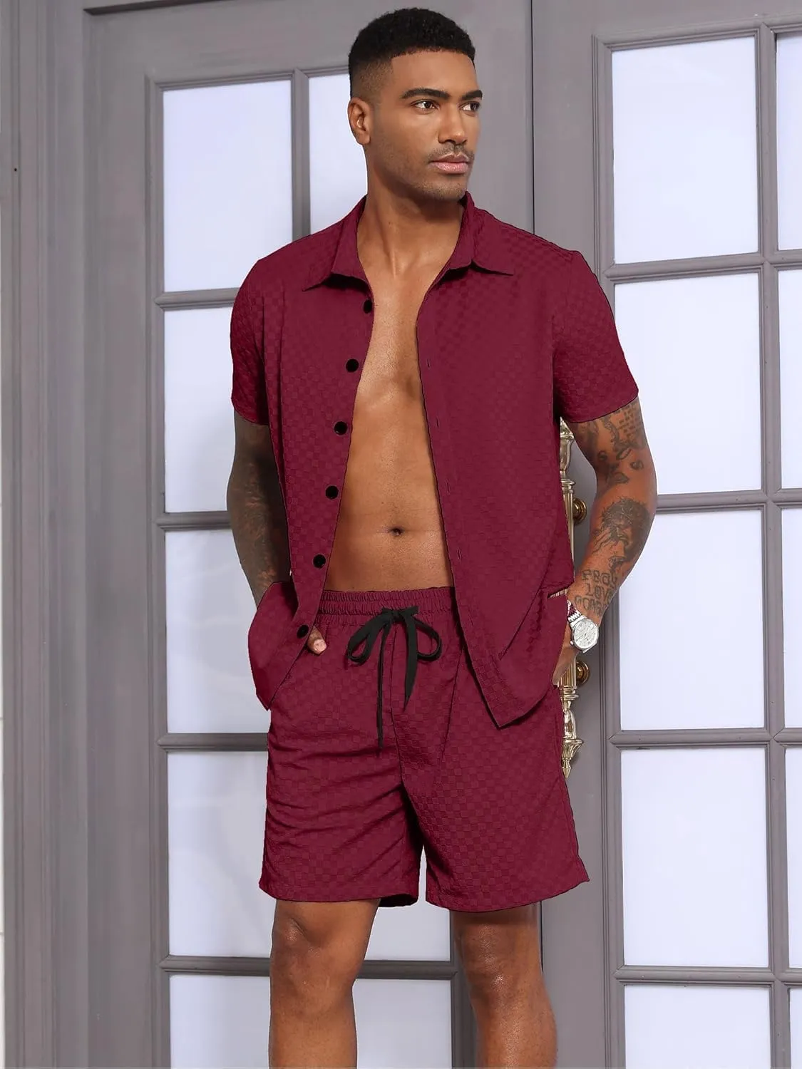 UOUA Mens Velour Tracksuit 2 Piece Outfits Short Sleeve Button Down Shirt and Short Sets Casual Sweatsuits