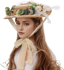 Victorian Womens Tea Party Sun Hat Lolita Bows Florals Flat Straw Hats Brown