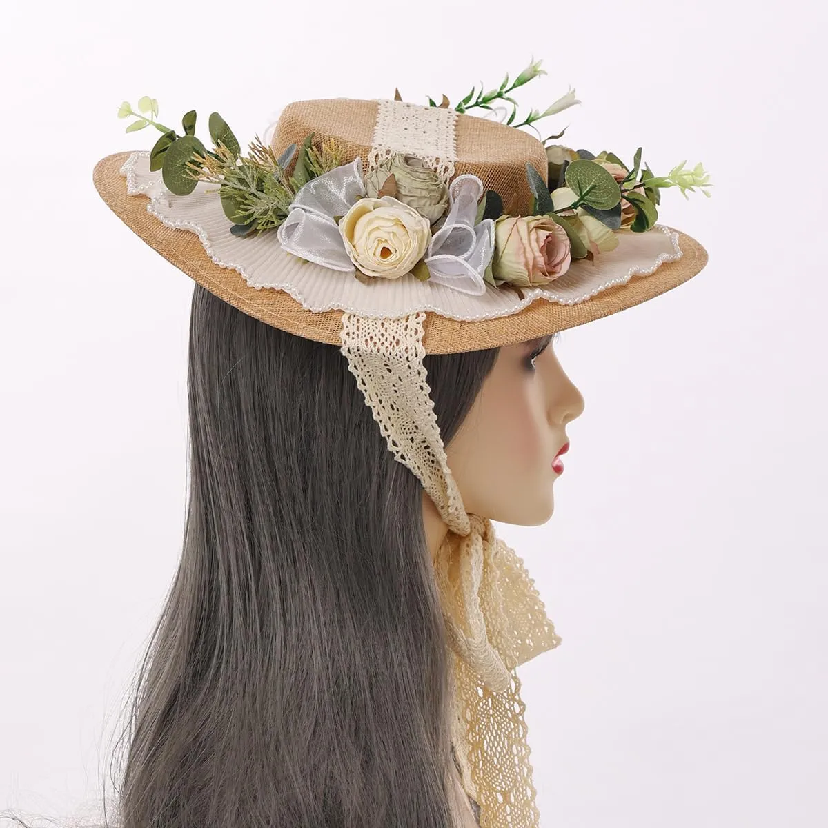 Victorian Womens Tea Party Sun Hat Lolita Bows Florals Flat Straw Hats Brown